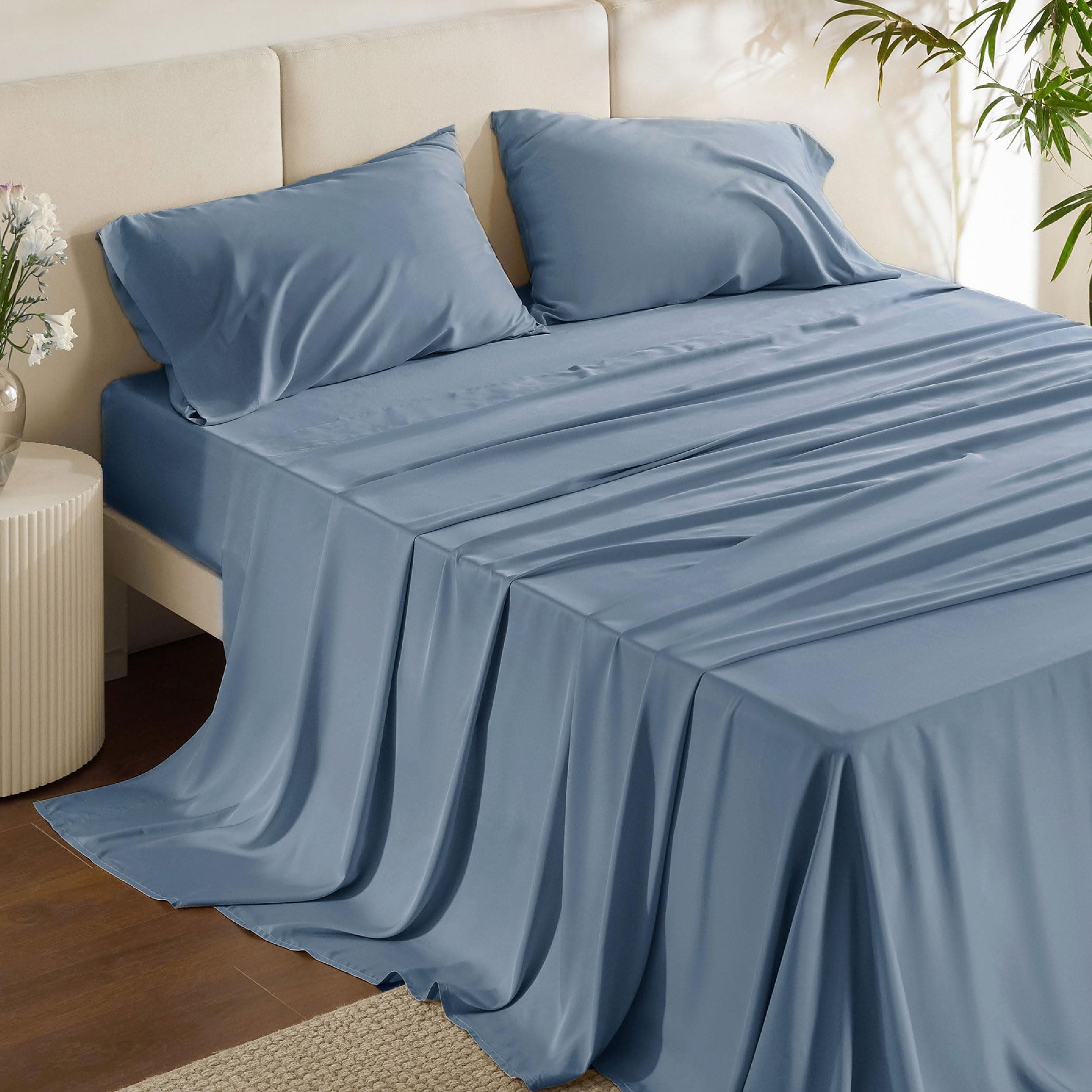 Queen Sheet Set, Cooling Sheets for Queen Size Bed Set, Rayon Derived from Bamboo, PureWoven, Breathable & Soft, Deep Pocket, Hotel Luxury Silky Bedding for Hot Sleepers, Dusty Blue