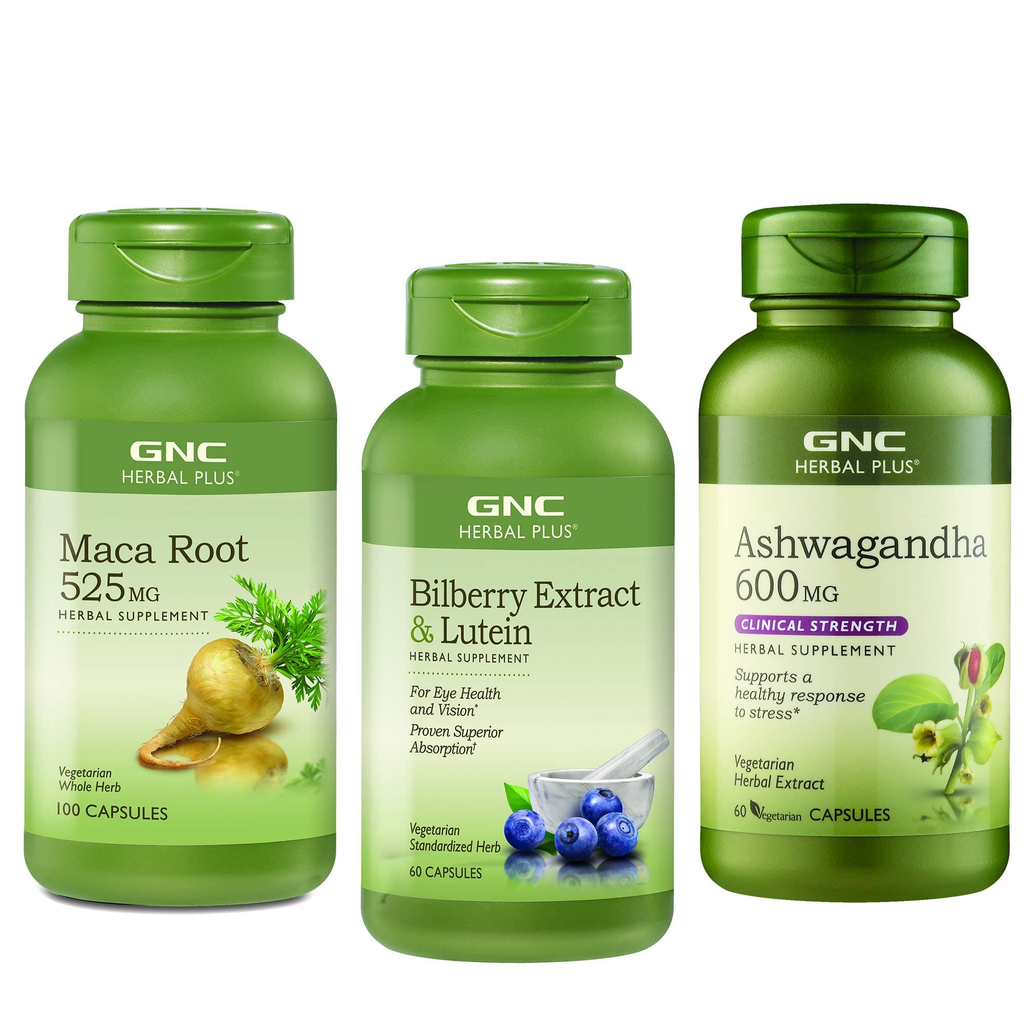 GNC Herbal Plus Adaptonic Bundle - Maca Root 525mg, Bilberry Extract & Lutein and Ashwagandha 600mg, Relieves Stress and Supports Eye Health