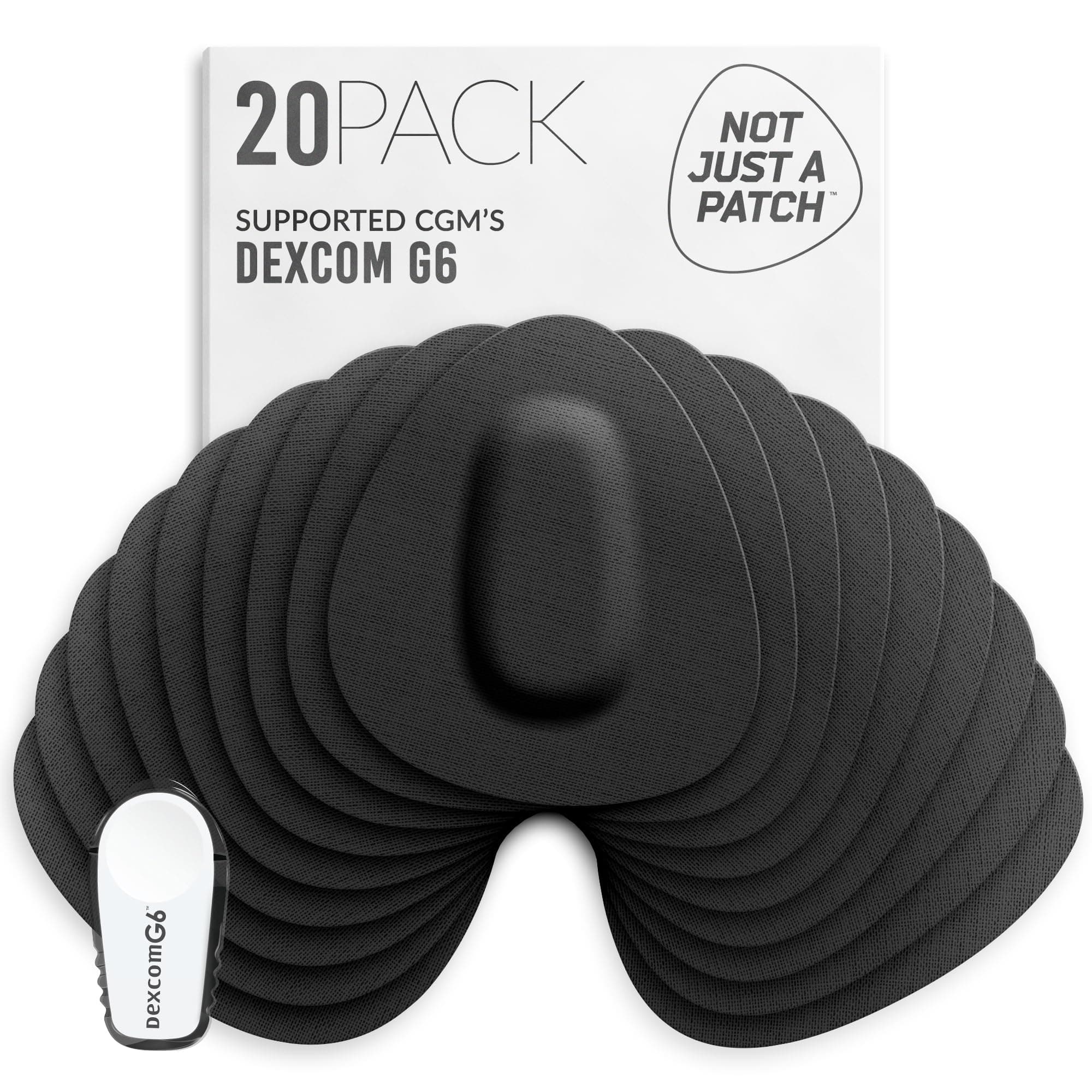 Not Just A Patch CGM Sensor Patches for Dexcom G6 & MiaoMiao (20 Pack) - Water Resistant & Durable for Active Lifestyle for 10-14 Days - Pre-Cut Dexcom G6 Adhesive Patches in Black