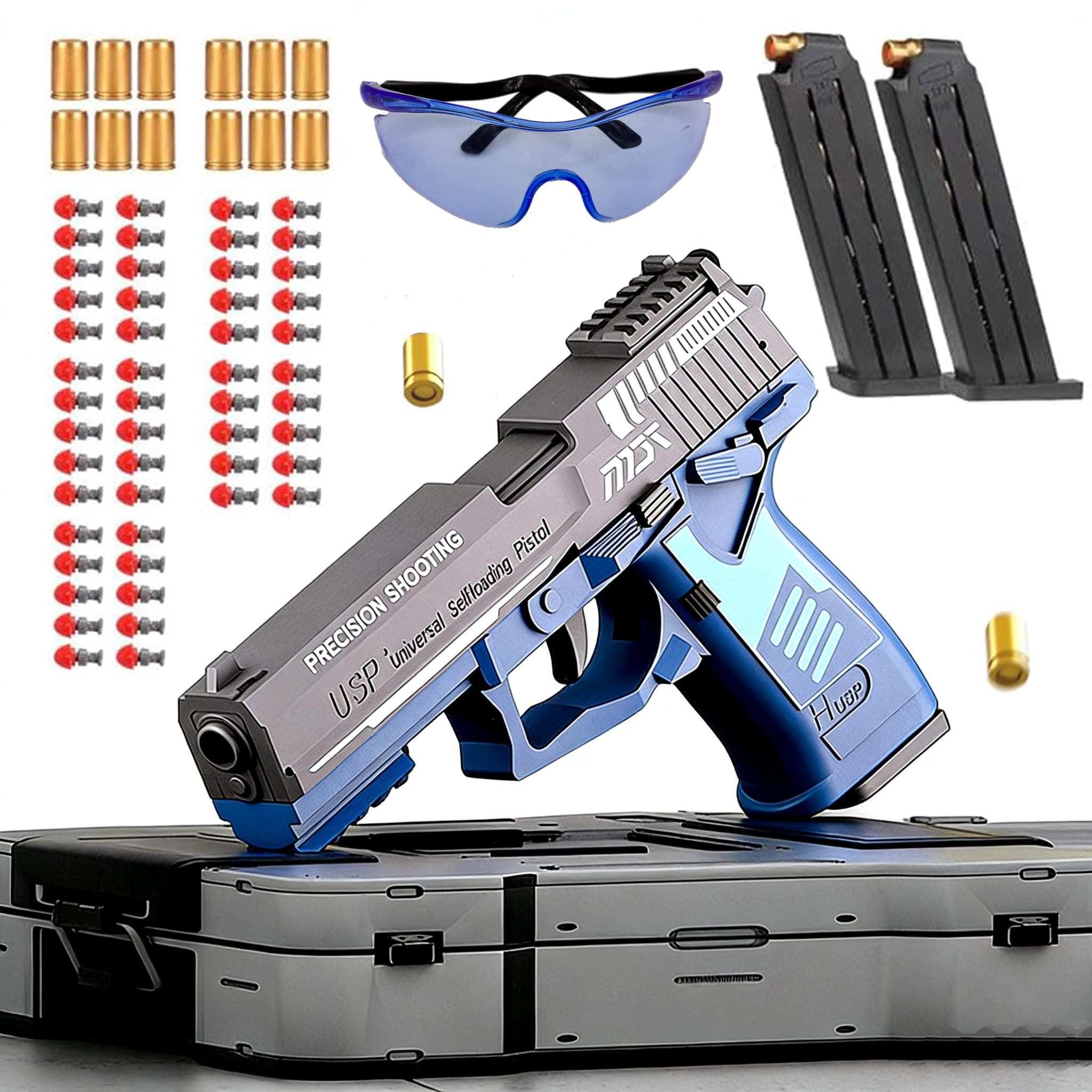 Moonmen Upgraded Foam Blaster Sets, EVA Safety Shell Ejecting Blaster with Magazine, Birthday Gift Toy for Children (Auto Loading - USP Blue)