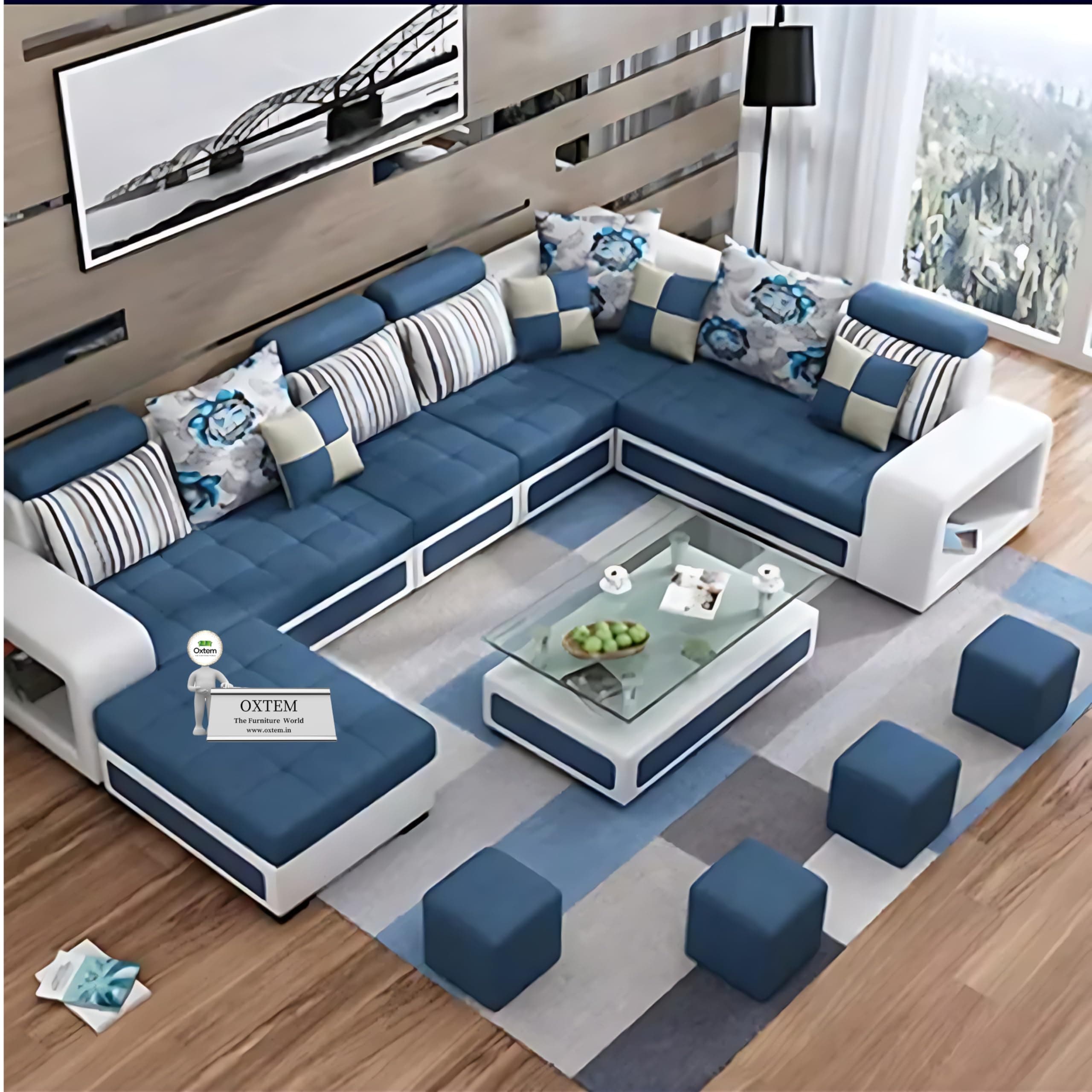 Oxtem U Shape 9 Seater Fabric Sofa Set with Tea Table & 4 Puffy 2 + 2 + 2 + 1 + 1 + 1 (Blue),Pre-Assembled (oxtem004)