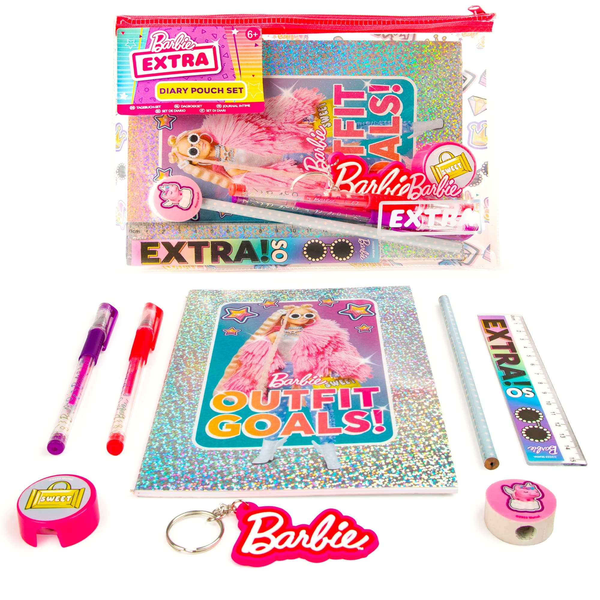 Barbie Extra Diary Pouch Set | Stationery Set for Girls | Includes Notebook, Glitter Gel Pens, Mini Ruler & Keyring | Cute Accessories for School, Travel & Gifts |