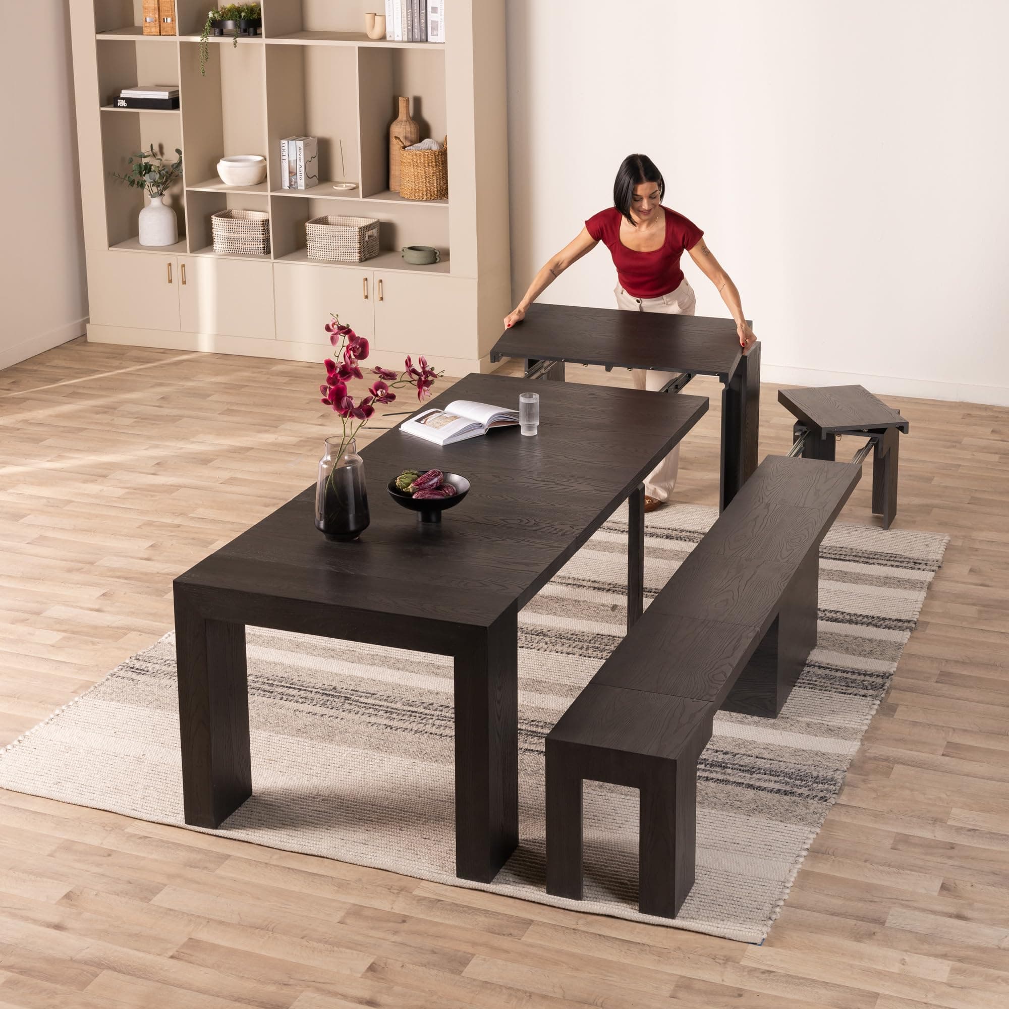 Transformer Table Extendable Dining Table Set for 2 to 12, Wooden Kitchen Table & Dining Bench, Adjustable Kitchen and Dining Furniture with Space Saving Black Console Table and Extending Panels