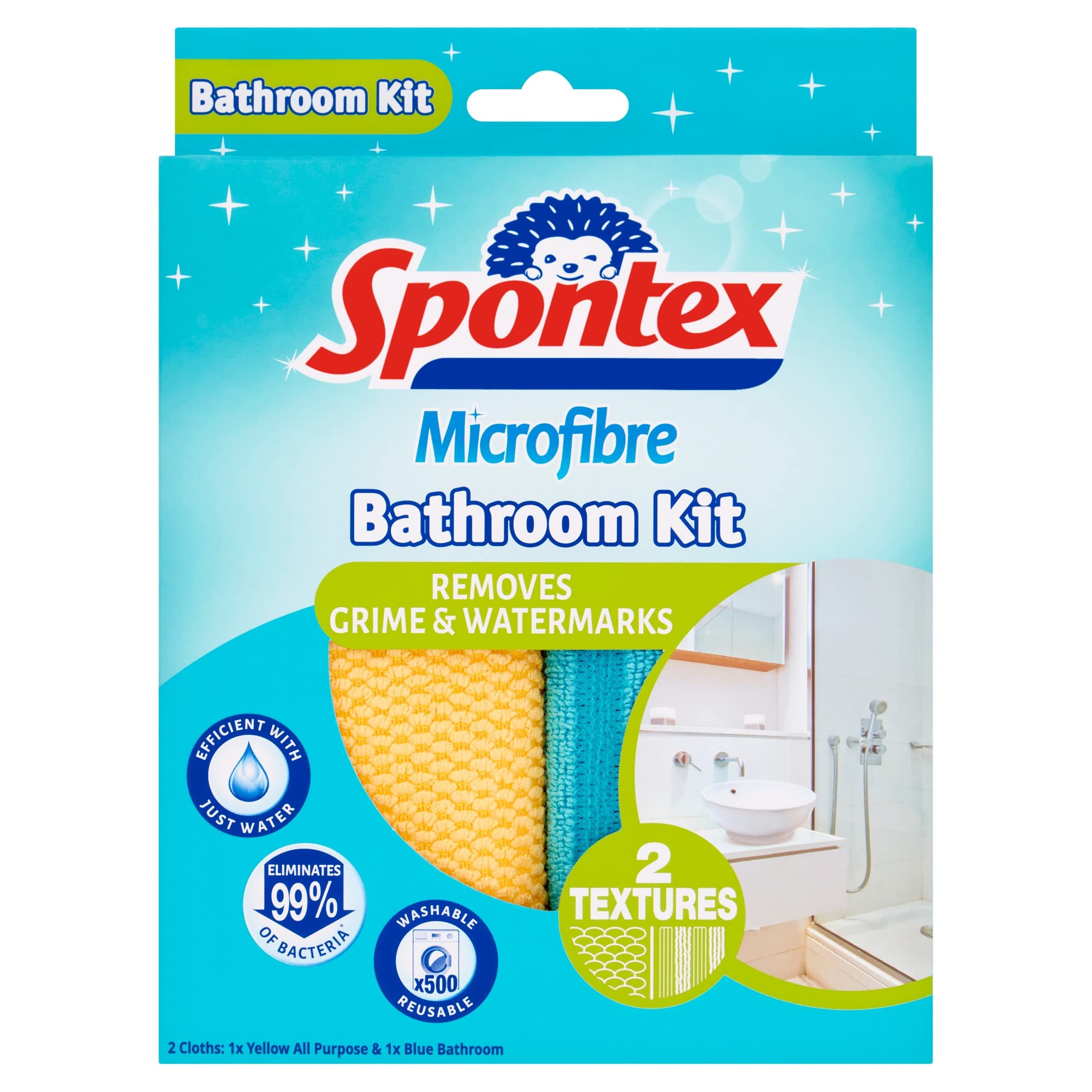 Spontex Microfibre Bathroom Kit | 2 Cloths | Removes Grime & Water Marks