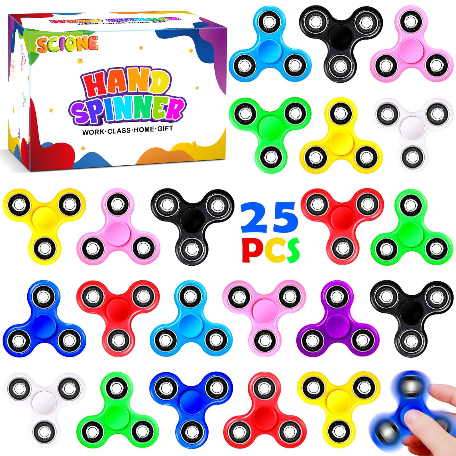 Fidget Hand Spinners 25 PC Color Bundle Bulk EDC Tri-Spinner Desk School Toy Anxiety Relief ADHD Student Relax Therapy Pack Combo Wholesale Green Red Black White Blue Yellow Glow Pink Glow Sky Blue1