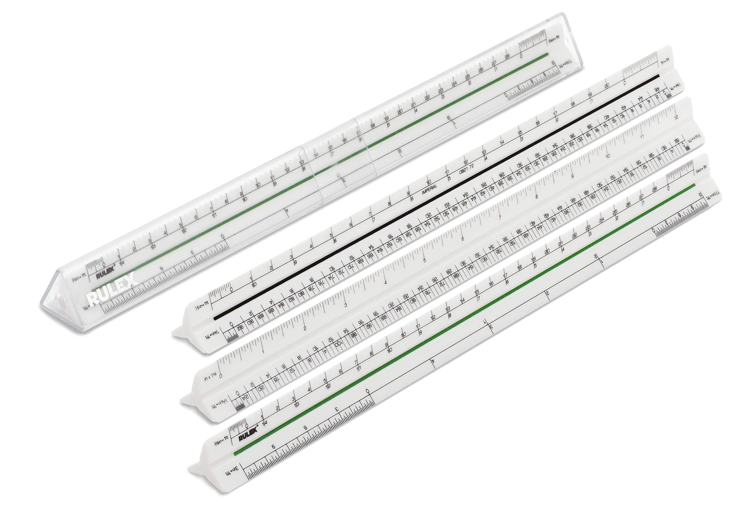Imperial 12 inch Triangular Scale Ruler 3/32", 3/16"=1ft & inches (16ths), 1/8", 1/4" & 1/2", 1"=1ft, 3/8", 3/4" & 1 1/2", 3"=1ft - UK manufactured