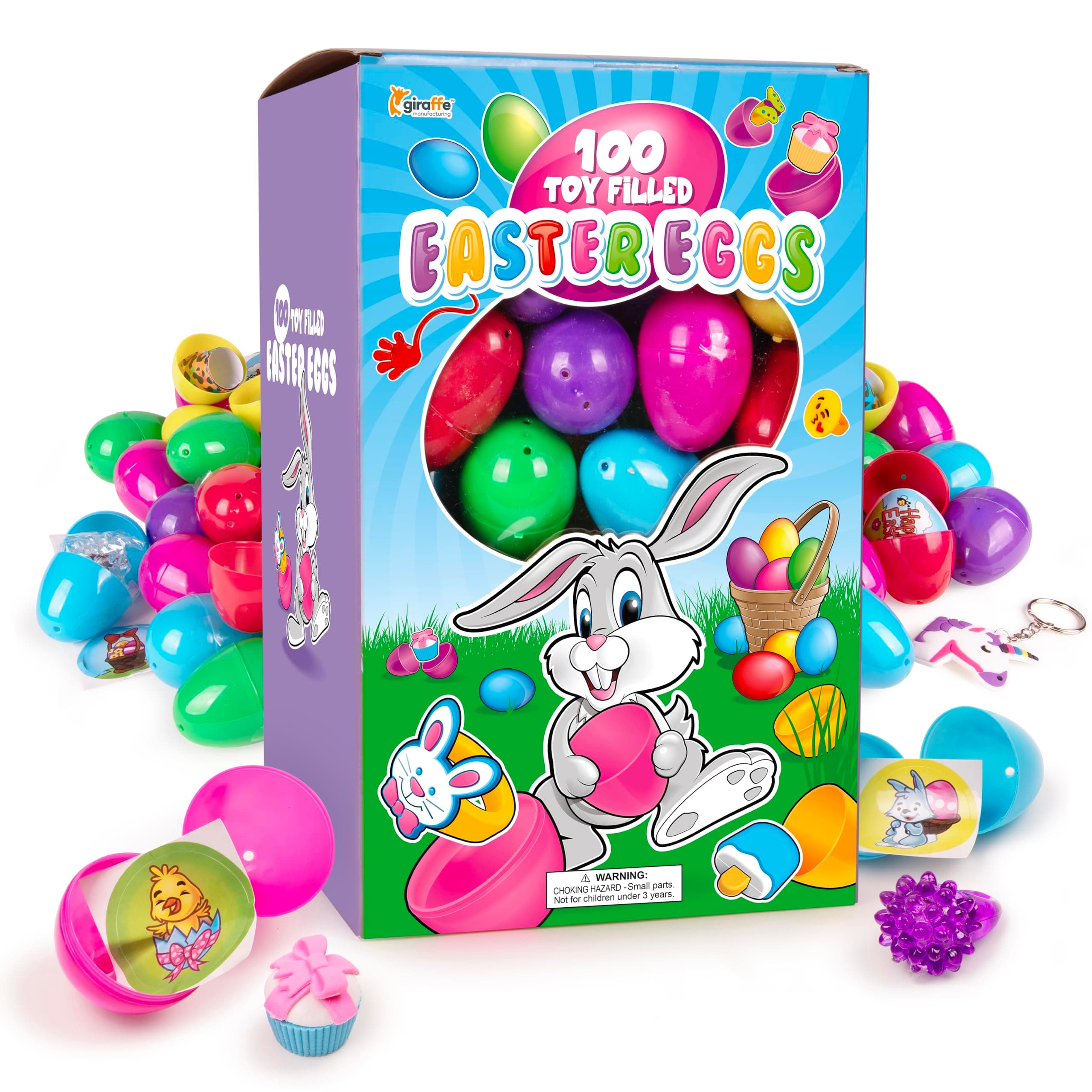 Giraffe 100 Pack Prefilled Easter Eggs Bulk - Multi Color Plastic Filled Easter Eggs for Kids with Toy Filled Slap Bracelets, LED Rings, Stickers - Easter Basket Stuffers for Kids
