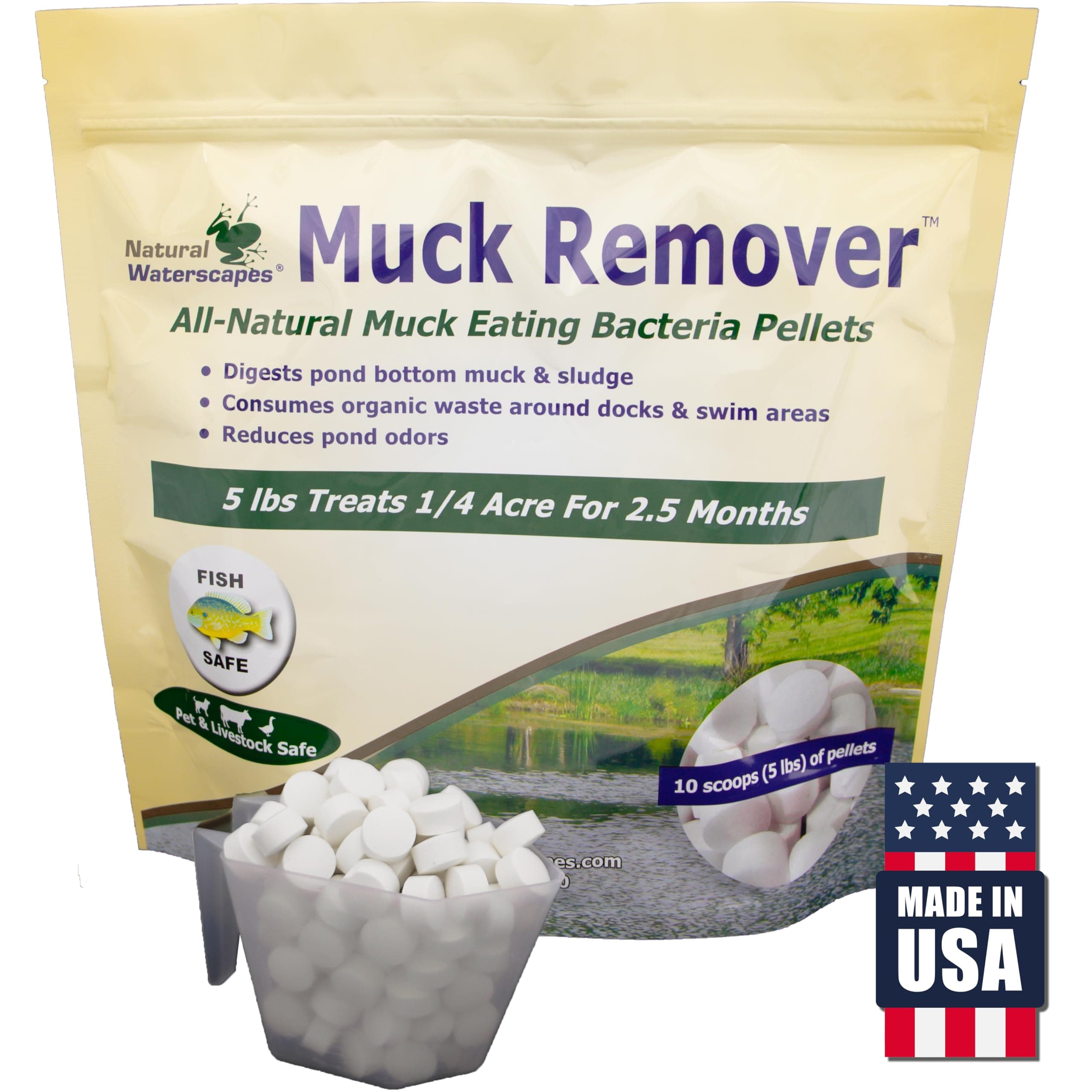 Muck Remover Pellets 5 lb (10 Scoops) | Pond Tablets Treat 1.25 Acres | Lake Muck Remover, Pond Sludge Reducer | Farm Pond Treatment