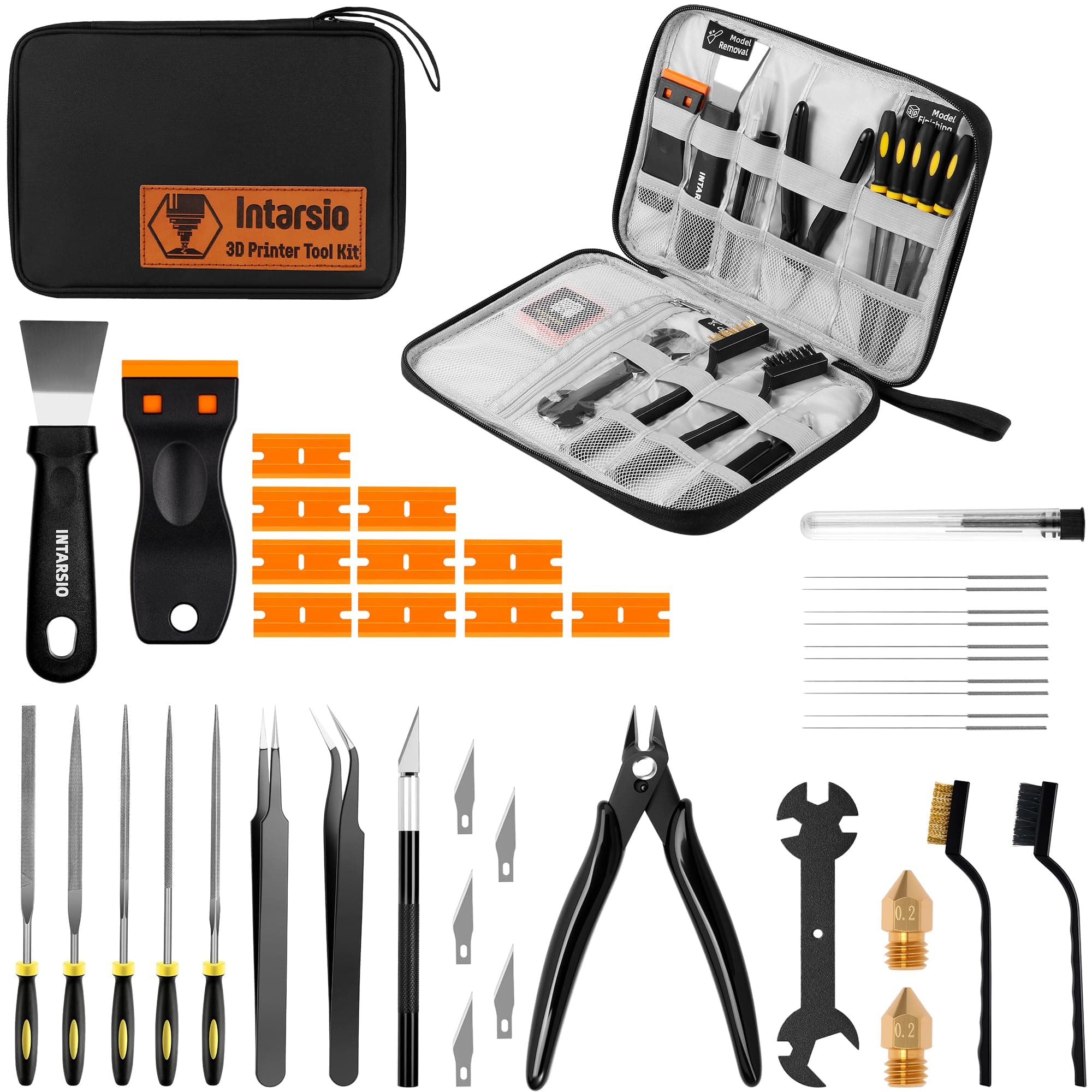 - 3D Printer Tools Kit, 34pcs 3D Printer Accessories for All FDM/SLA Printers Includes Nozzle Cleaning Tools, Removal Scrapers, Finishing Tools, 5 Types of Files,Brushes, Wire Cutter, Engraving Knife