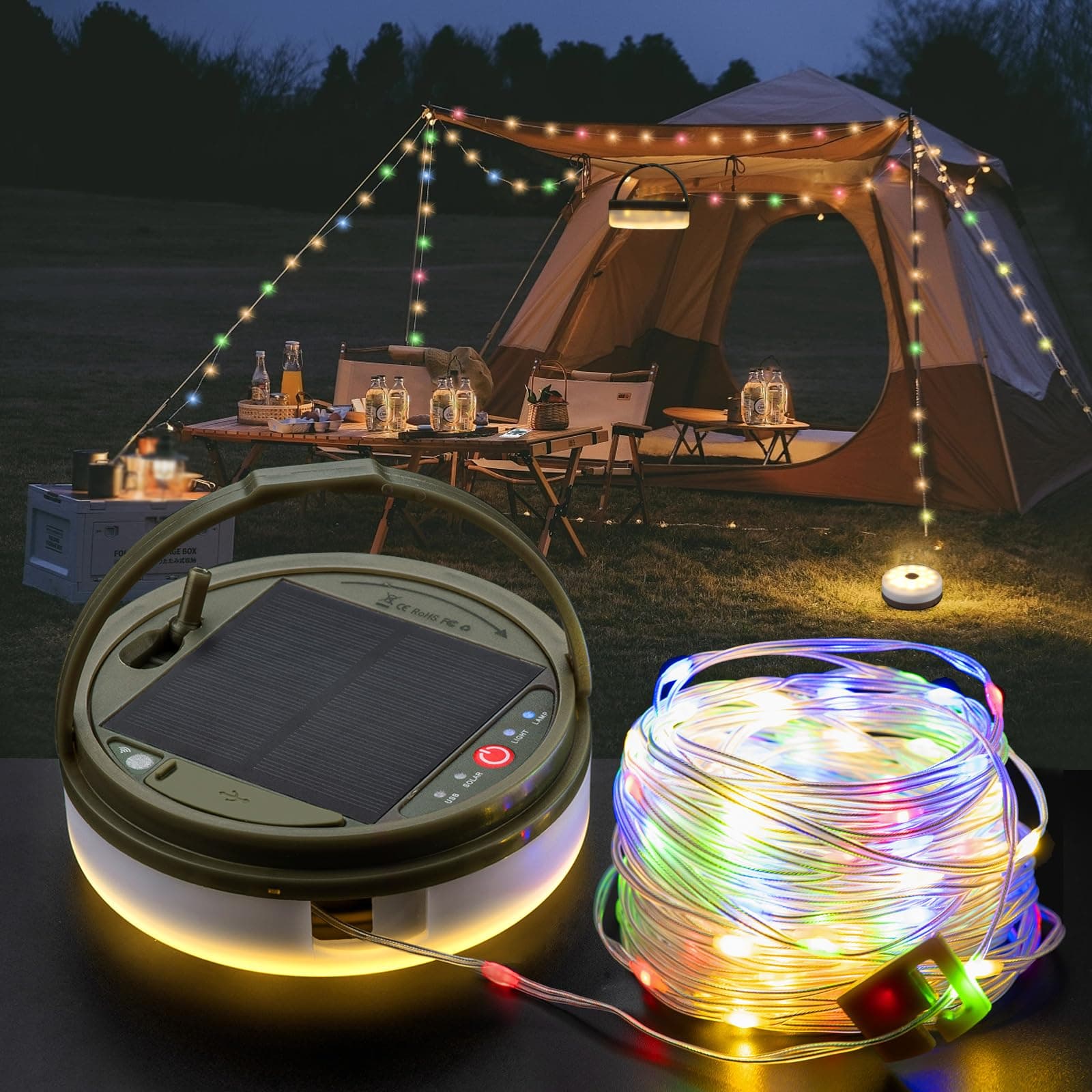 Solar Camping String Lights, 4 in 1 Camping String Lights Outdoor(39.4ft) with 8 Lighting Modes, Solar Powered and USB Rechargeable Light with Remote Control for Camping, Yard and Hiking