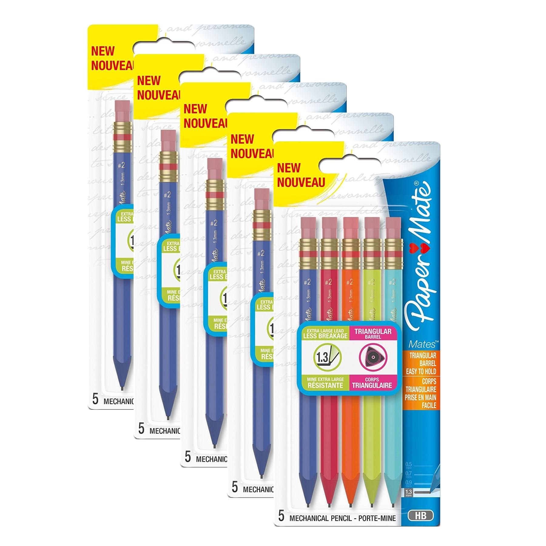 5 x PaperMate® Mechanical Pencil Multicolour 5 Pack Set - Triangular Easy Hold Barrel - 1.3mm HB Point - Refillable Mechanical Pencils