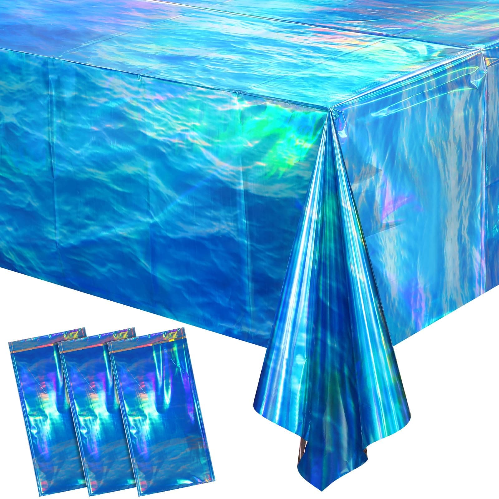 3 Pcs Iridescent Waves Tablecloths - Disposable Plastic Ocean Blue Table Cloth Rectangle Table Covers for Under the Sea Beach Surf Pool Party Birthday Party Decorations, 54 x 108 Inch