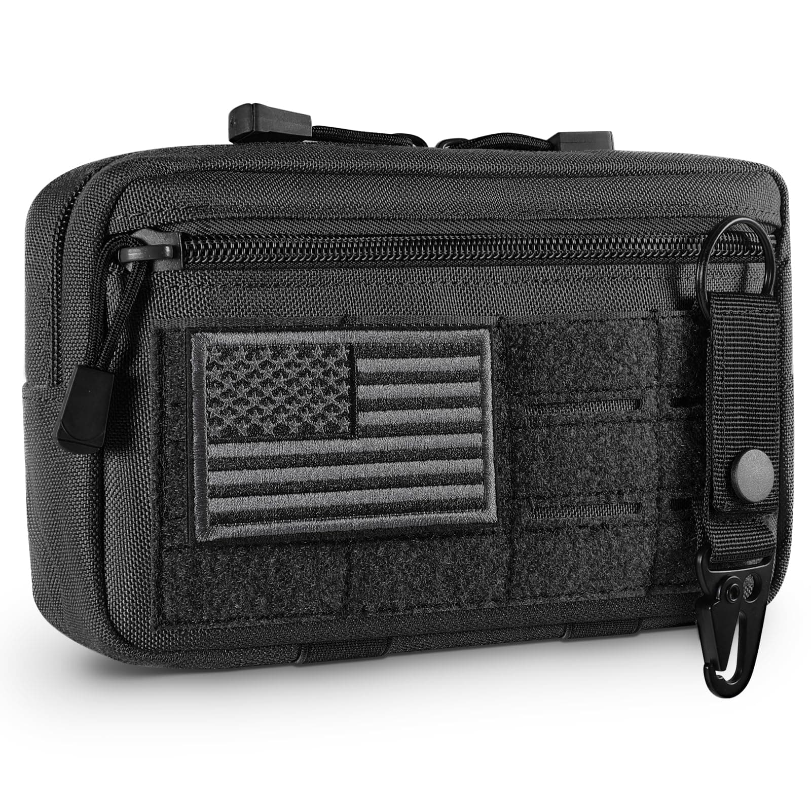 Tactical Molle Admin Pouch Utility Laser Cut EDC Tool Pouch Bag Horizontal Modular Pouches Include US Flag Patch and Keychain (Black)