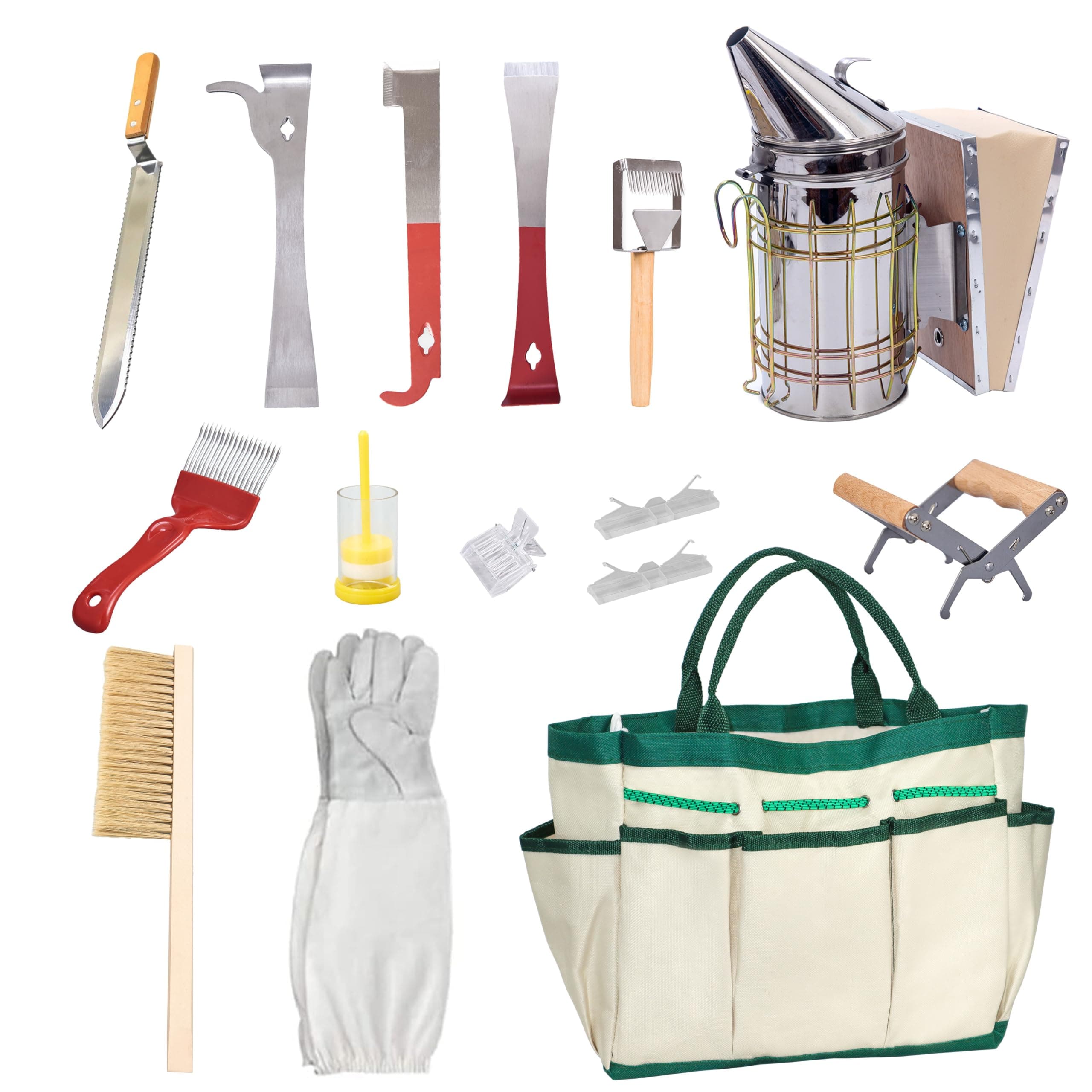 BeeCastle 14 Pcs Beekeeping Tools Starter Kit, Bee Keeping Supplies-All Bee Hive Tools Kit with Organizer Tote and Beekeeping Gloves for Beginners and pro Beekeepers