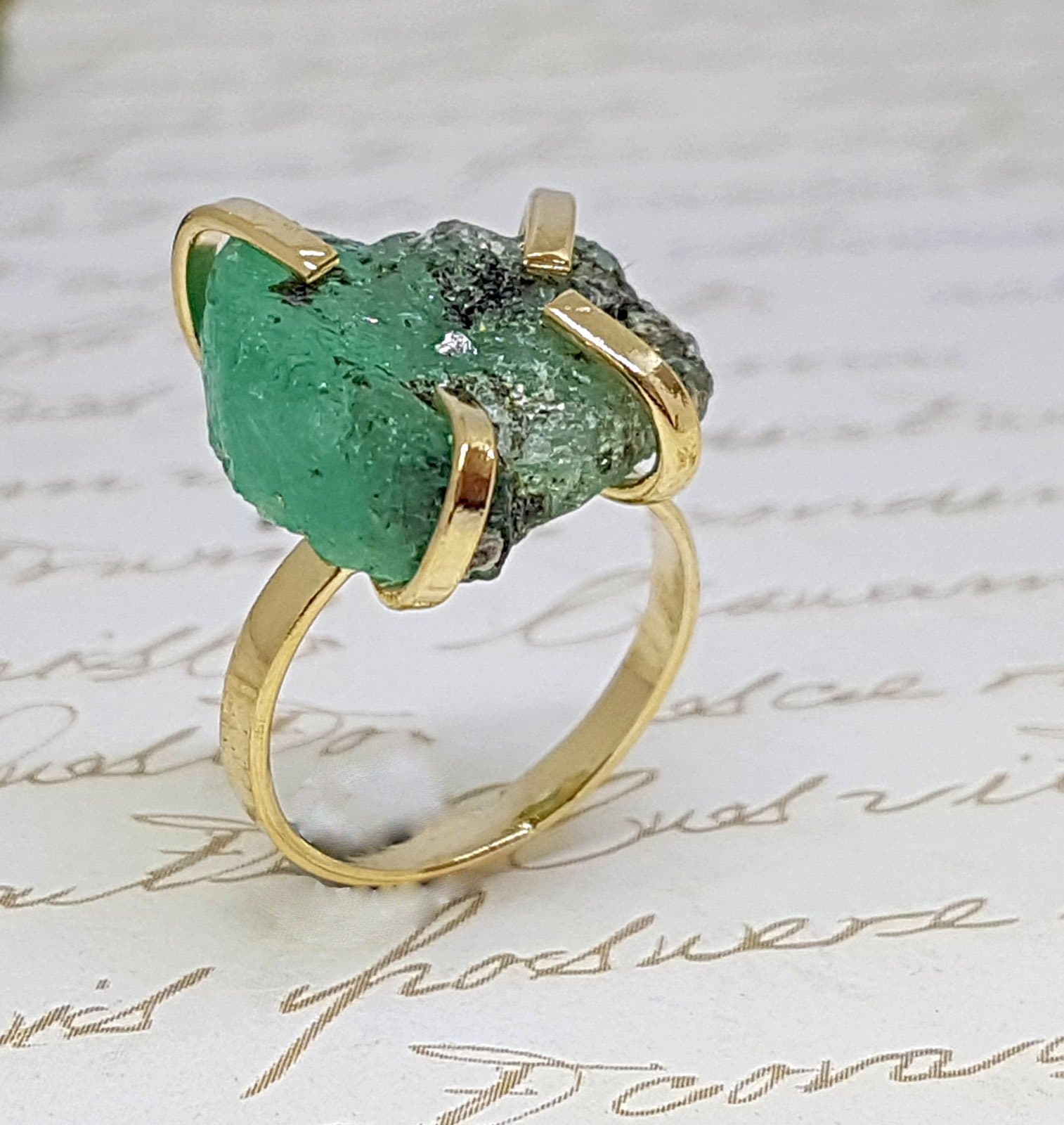 Gold Raw Emerald Ring, May Birthstone Ring