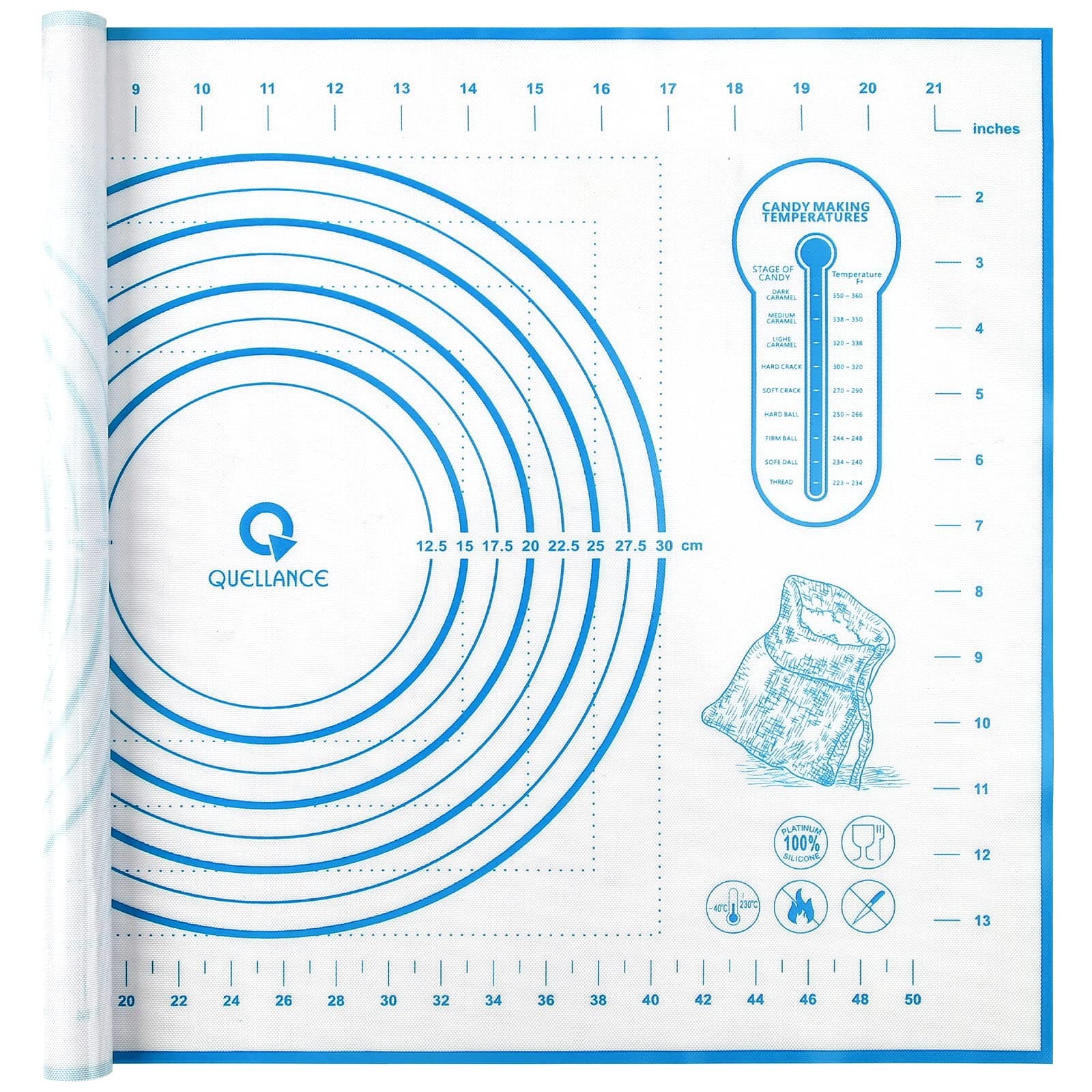Silicone Pastry Mat with Measurement, Baking Mat for Fondant, Rolling Dough, Pie Crust, Pizza and Cookies, Fondant Mat,16" x 24", Blue