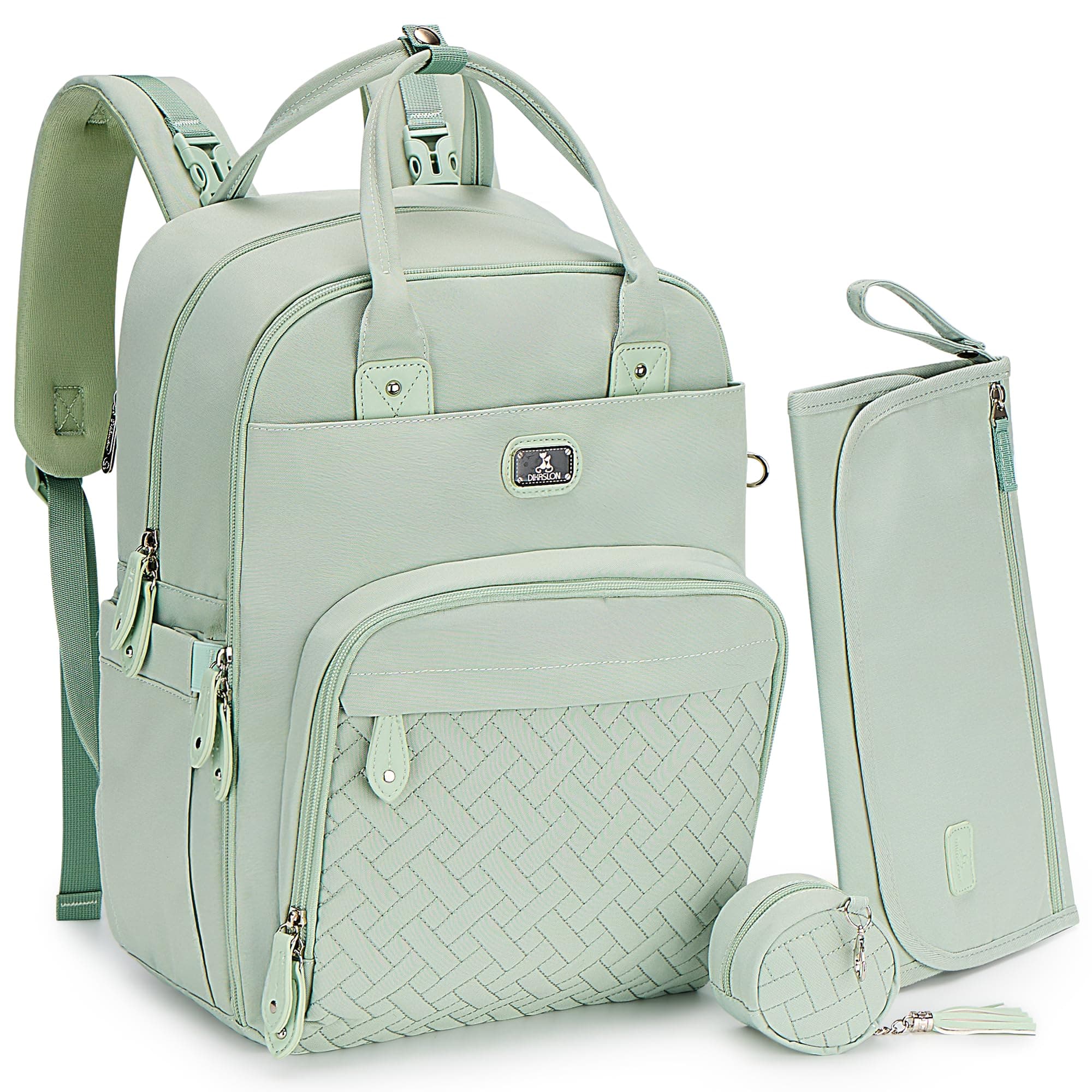 Dikaslon Diaper Bag Backpack with Portable Changing Pad, Pacifier Case and Stroller Straps, Large Unisex Baby Bags for Boys Girls, Multipurpose Travel Back Pack for Moms Dads, Mint Green