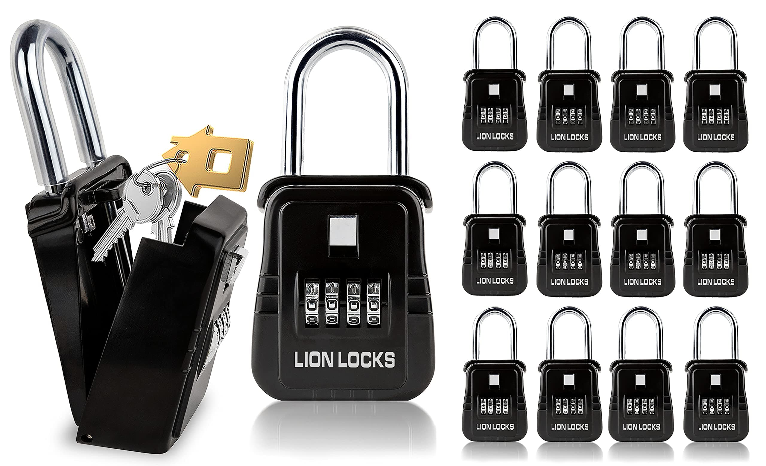 Lion Locks 1500 Key Lock Box with Code, Lockbox for Keys Outdoor, Realtor Lock Box for Short-Term Rentals, Holds 5 Keys (12 Pack, Black)