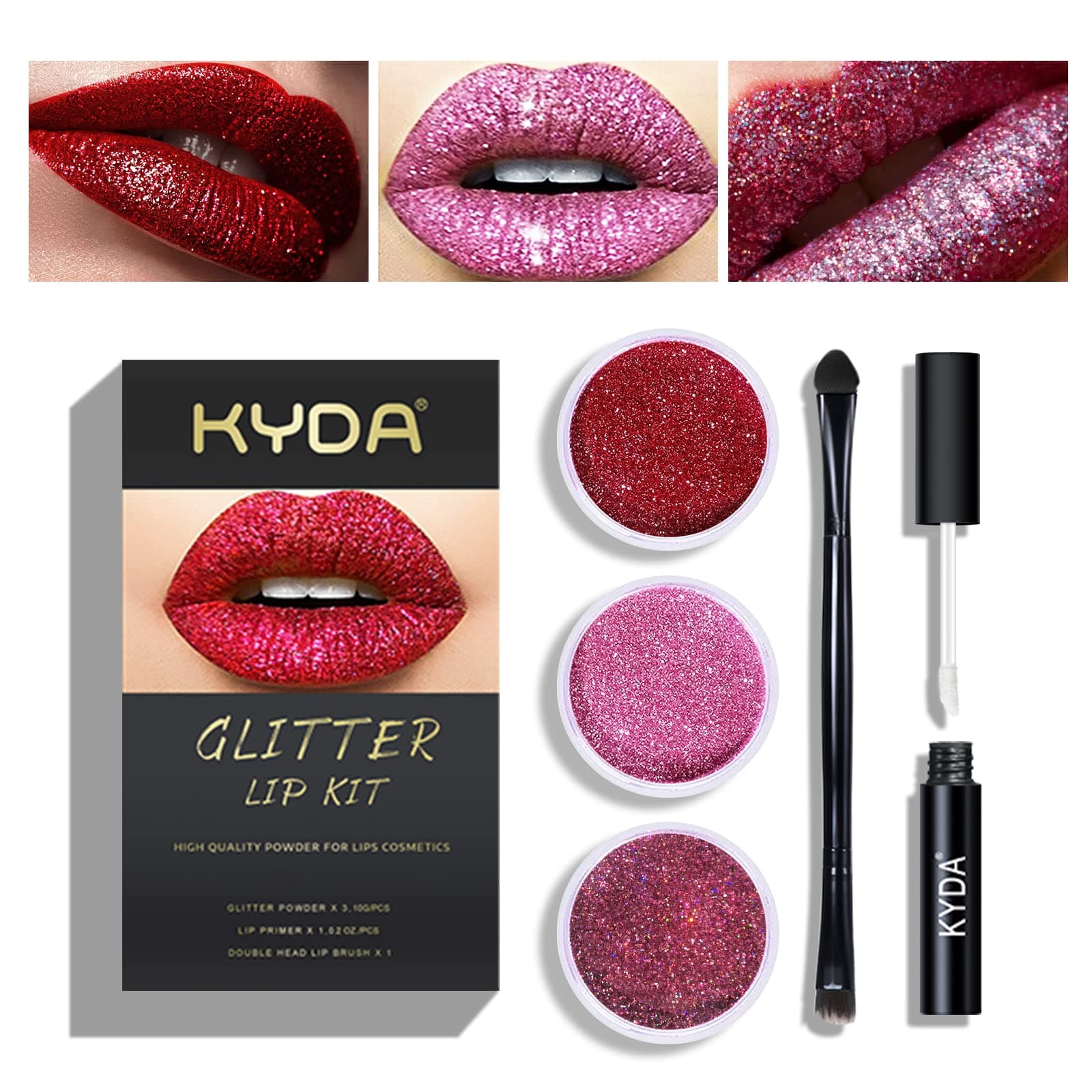 3 Colors Glitter Lip Kit, Diamond Metllic High Pigmented Powder for Lips Cosmetics, Glitter Lips Makeup,with Lip Primer and Brush, Long Wear-Set A