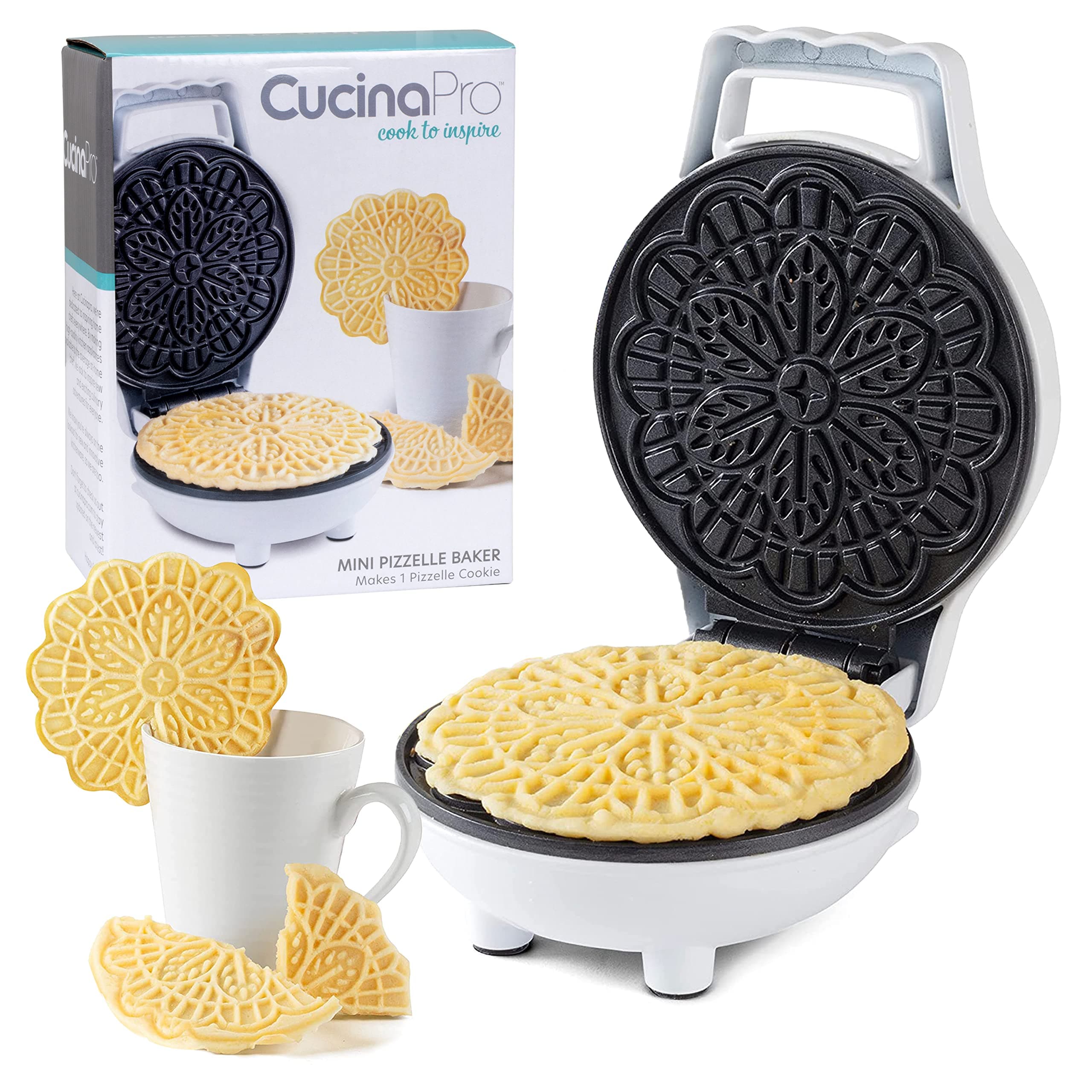 Mini Electric Pizzelle Maker- Makes 1 Personal Tiny Sized 4" Traditional Italian Waffle in Minutes- Nonstick Iron Press w Recipe Guide - Unique Dessert Cookie Treat or Housewarming Baking Gift for Her