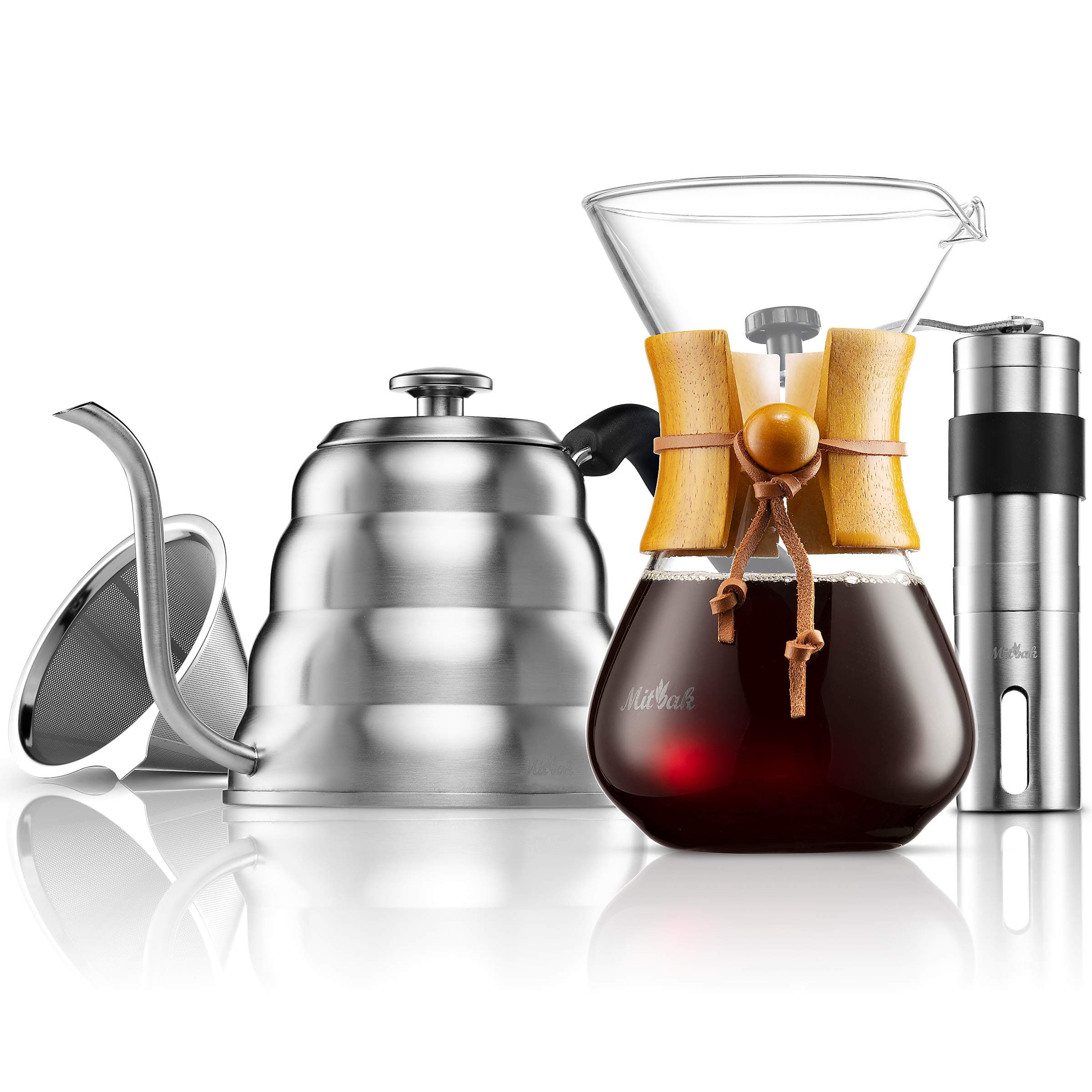 MITBAK Pour Over Coffee Maker Set | Kit Includes Gooseneck Kettle with Thermometer, Coffee Mill Grinder & Coffee Dripper Brewer | Great Replacement for Coffee Machines | Excellent Coffee Gift