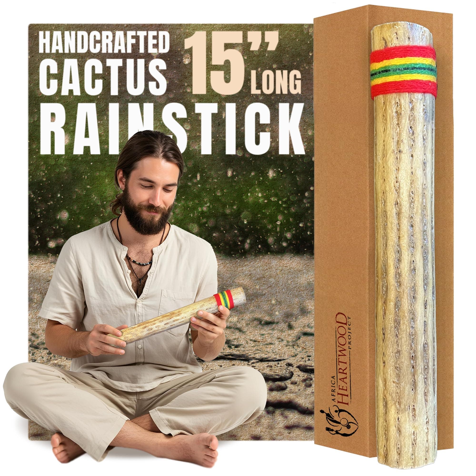 Africa Heartwood Project 15" Cactus Rainstick from Chile - Authentic Handcrafted Rain Stick Musical Instrument with Rasta Yarn Wrap and Durable Sealant
