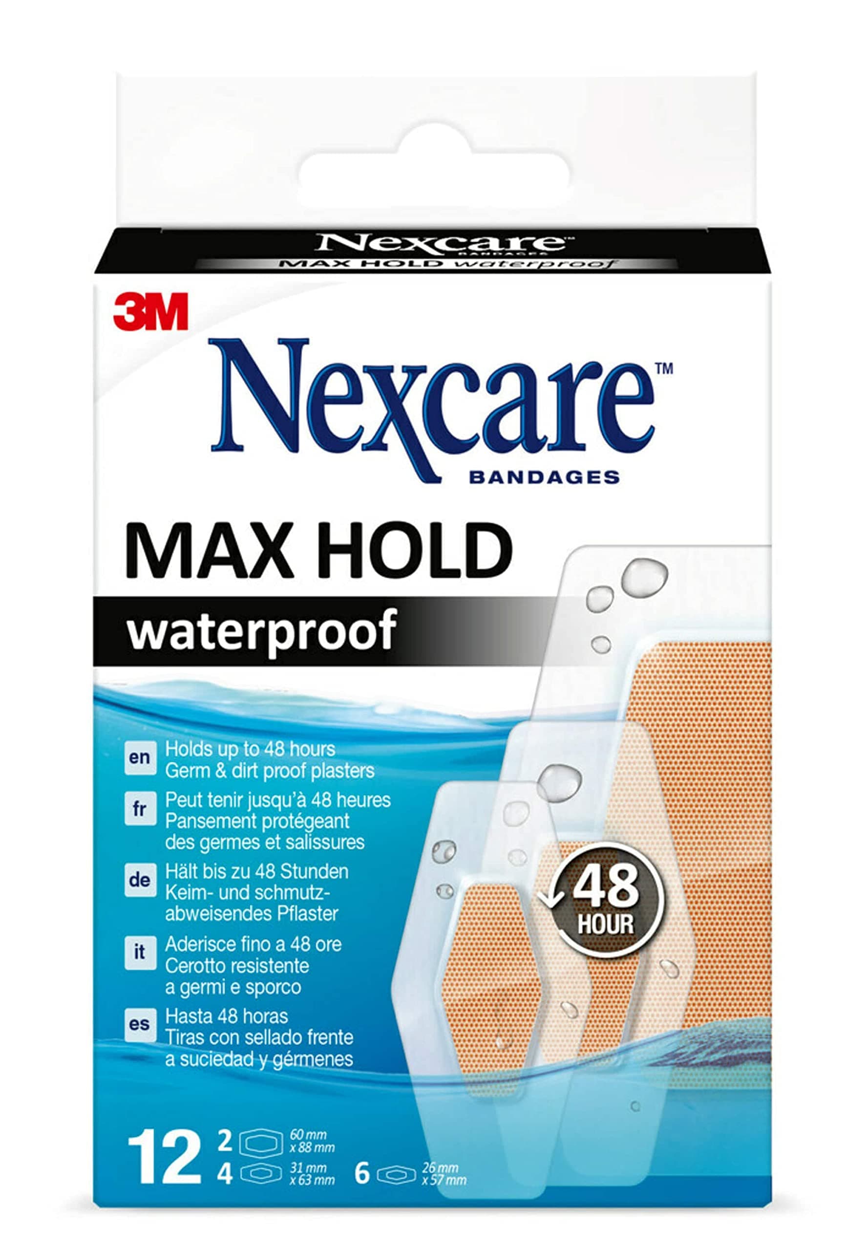 – Nexcare Max Hold Waterproof Plasters, Assorted Sizes, 12 Plasters per Pack, Breathable and Waterproof Plasters for Minor Wounds, Scratches, Plasters for First Aid Kits
