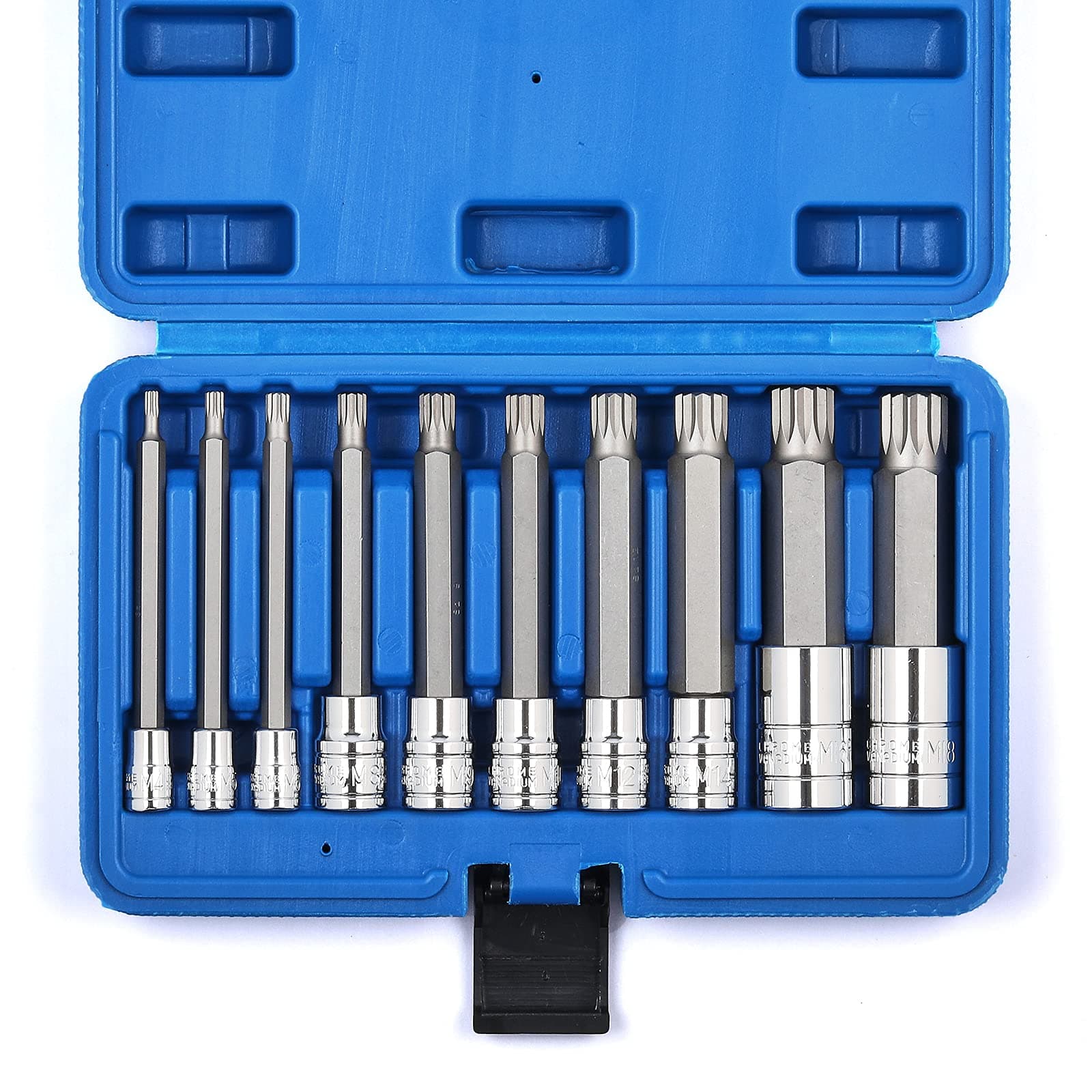 10 Piece Spline Tip Bit Socket Set, M-Type, S2 and Cr-V Steel, Extra Long 4'' Length, M4-M18, XZN Triple Square Spline Bit Socket Set