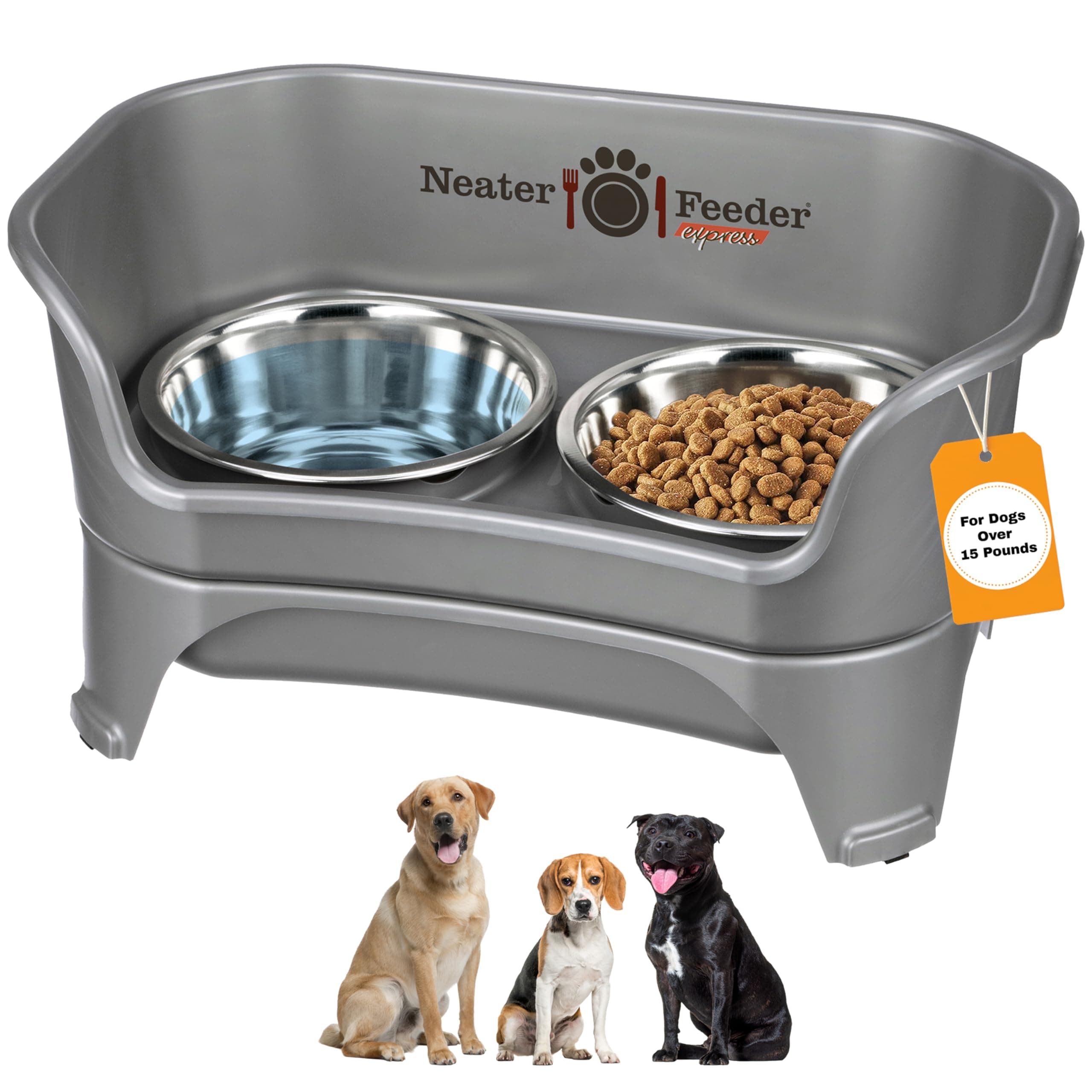 Express Mess Proof Dog Bowls Elevated for Medium to Large Sized Breed, No Spill Raised Dog Food Bowl Stand, Stainless Steel Food and Water Bowl Set, Pet Dish Feeding Station, Grey