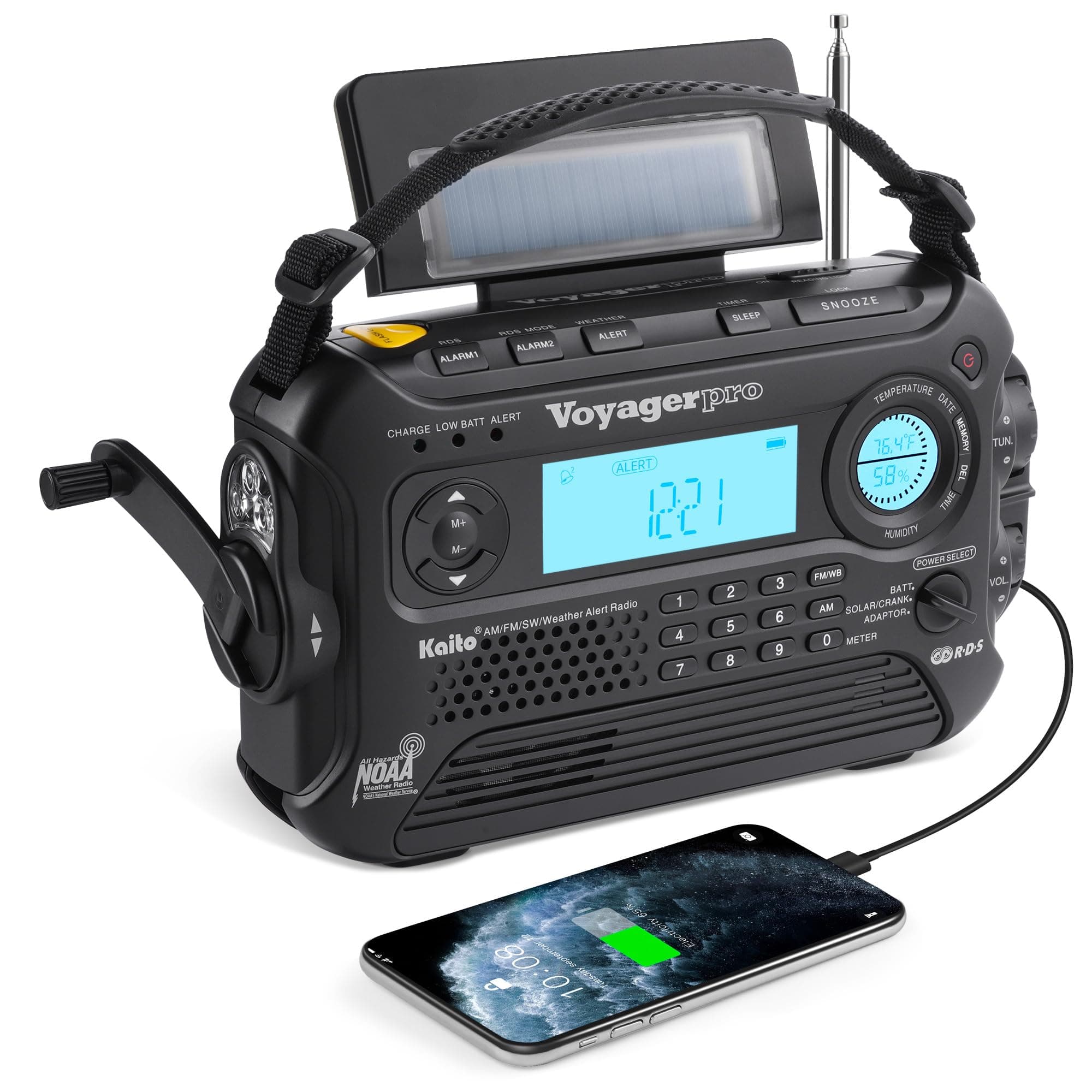 Kaito Voyager Pro KA600 Digital Solar Dynamo Wind Up Crank Dynamo AM/FM/LW Shortwave and NOAA Weather Protection Radio with Flashlight, Reading Lamp Alarm with Power Supply, Black