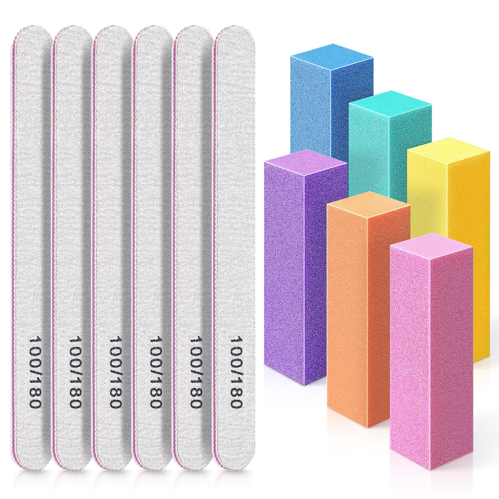 Nail Files and Buffer, TsMADDTs Professional Manicure Tools Kit Rectangular Art Care Buffer Block Tools 100 180 Grit 12 pcs(White)