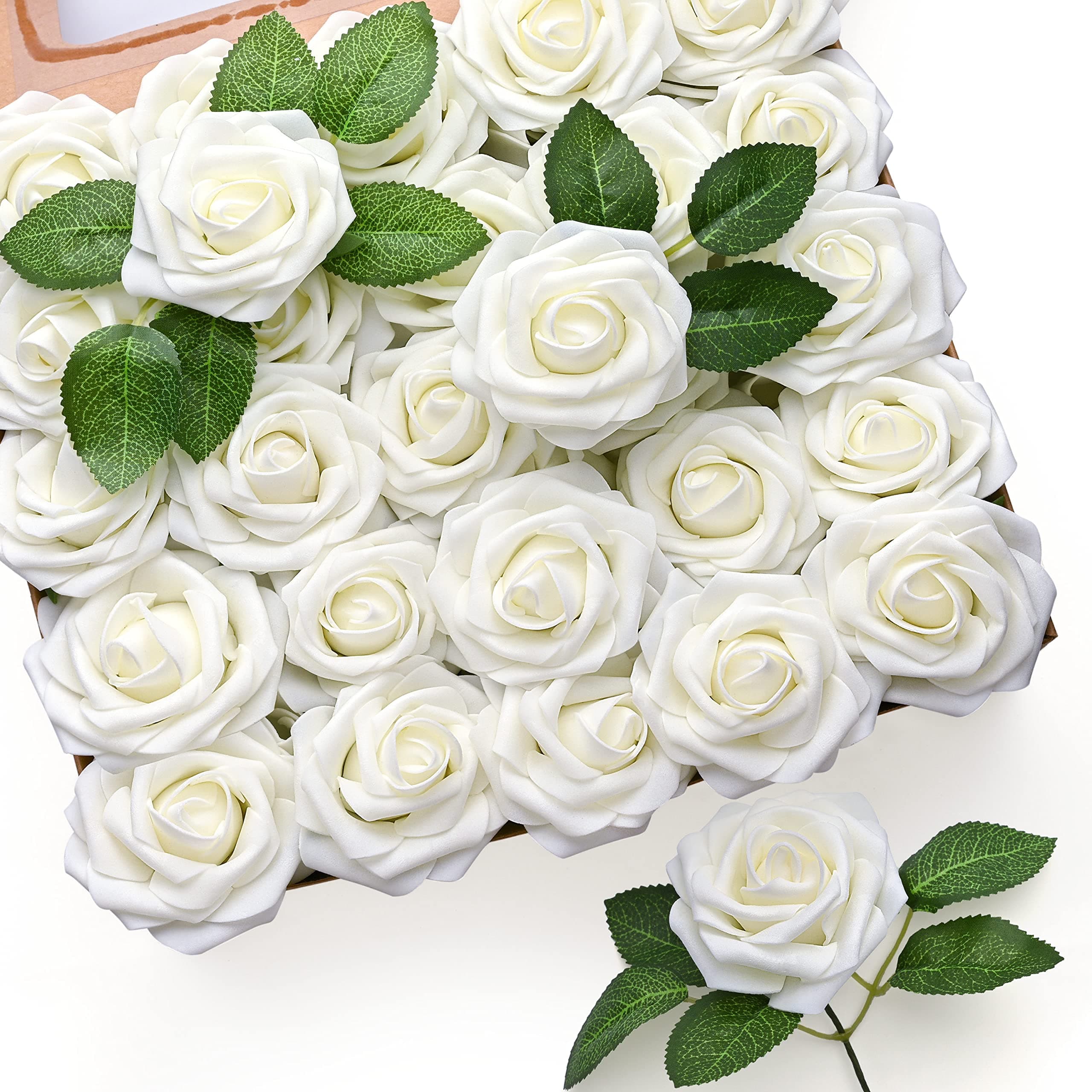 Mocoosy 50Pcs Artificial Flowers Rose Ivory White Fake Roses Flowers for Decorations, Faux White Foam Roses Bulk with Stem for Wedding Bouquets Centerpieces DIY Crafts Flower Arrangements Home Decor