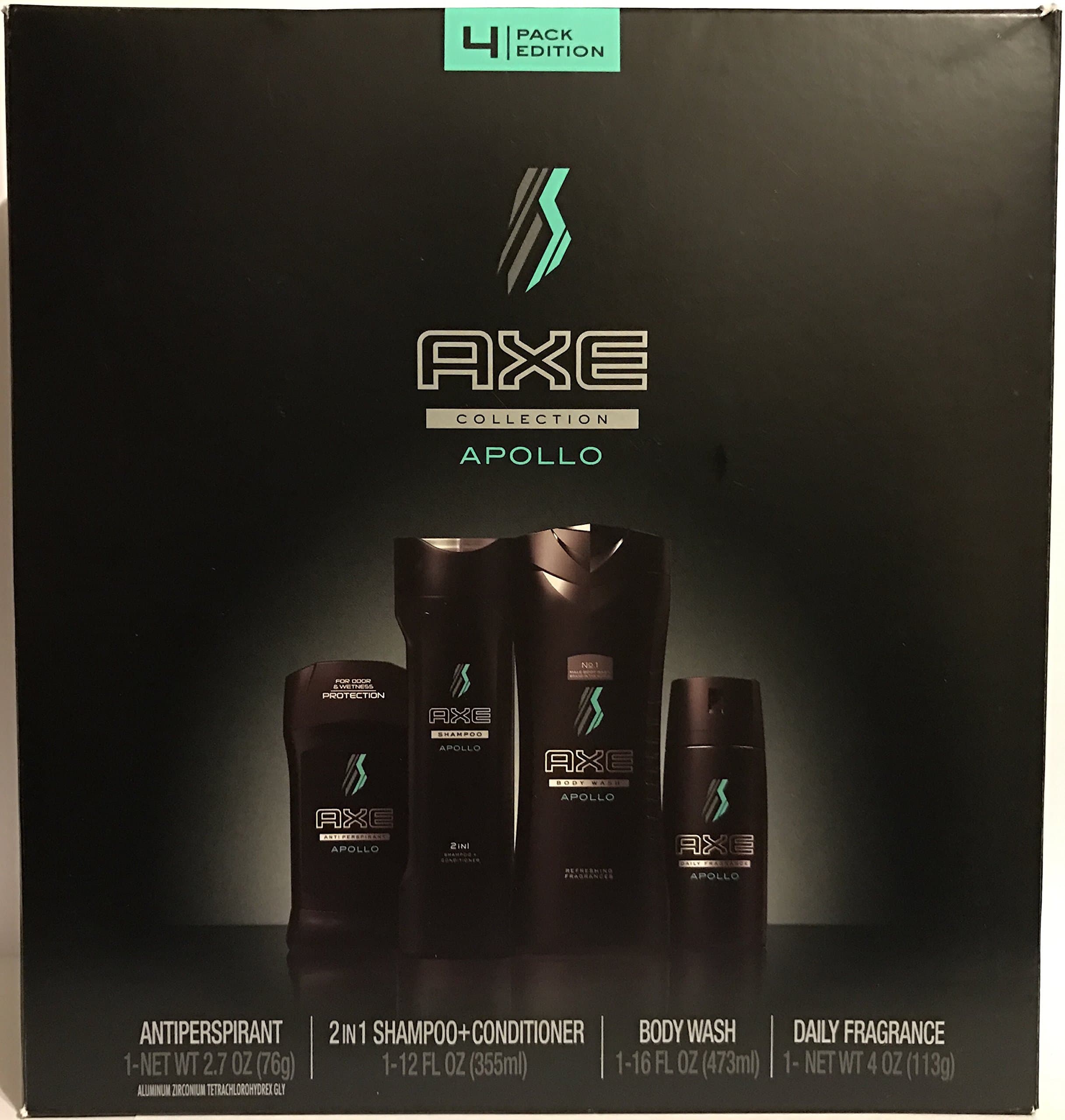 AXE New 2016 APOLLO 4 Piece Box Set for Him (Daily Fragrance Body Spray, Antipersperant Stick, Shower Gel, 2-IN-1 Shampoo Conditioner