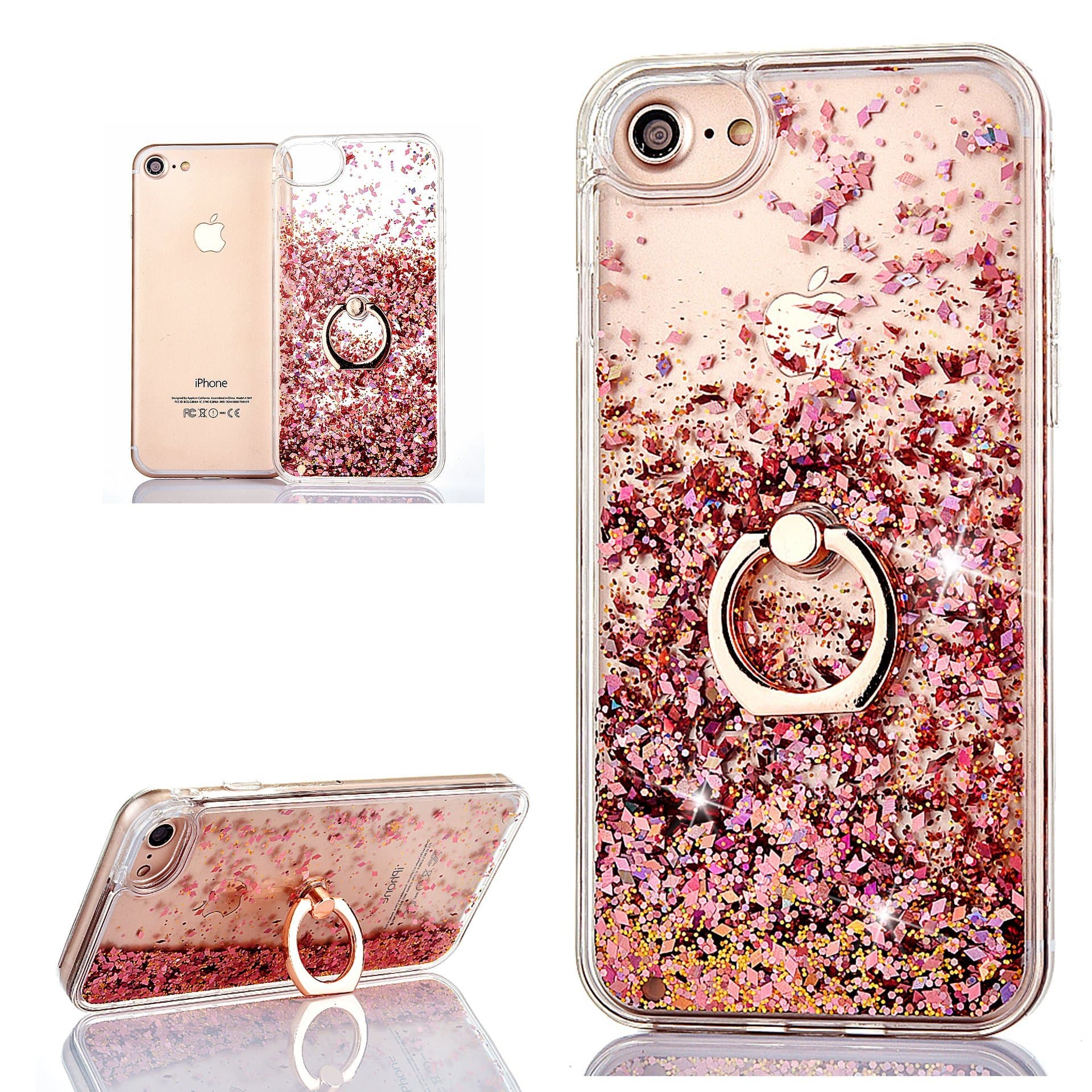 Phone Case for iPhone SE 2022 / iPhone SE 2020 /iPhone 8/iPhone 7 Case Cover Glitter Sparkle Liquid Sparkly Hard Transparent Silicone Clear Soft Bumper Case with Ring Holder Stand,Rose Gold