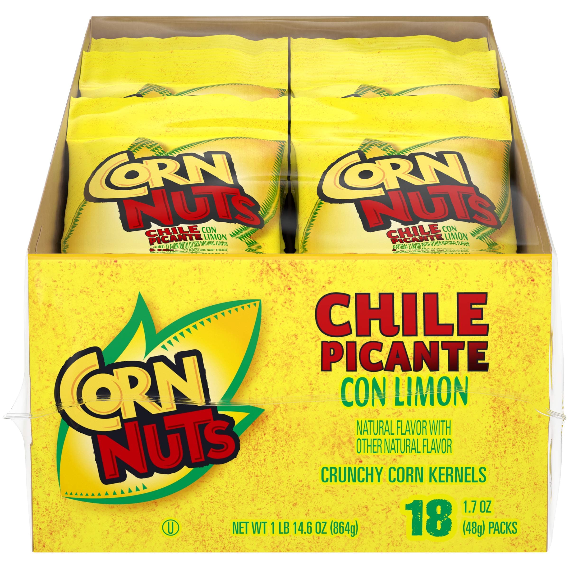 CORN NUTS Chile Picante con Limon Flavored Corn Kernels, Crunchy Corn Snacks, Snack Box, Variety Packs, Food for Adults, 1.7oz. (Pack of 18)