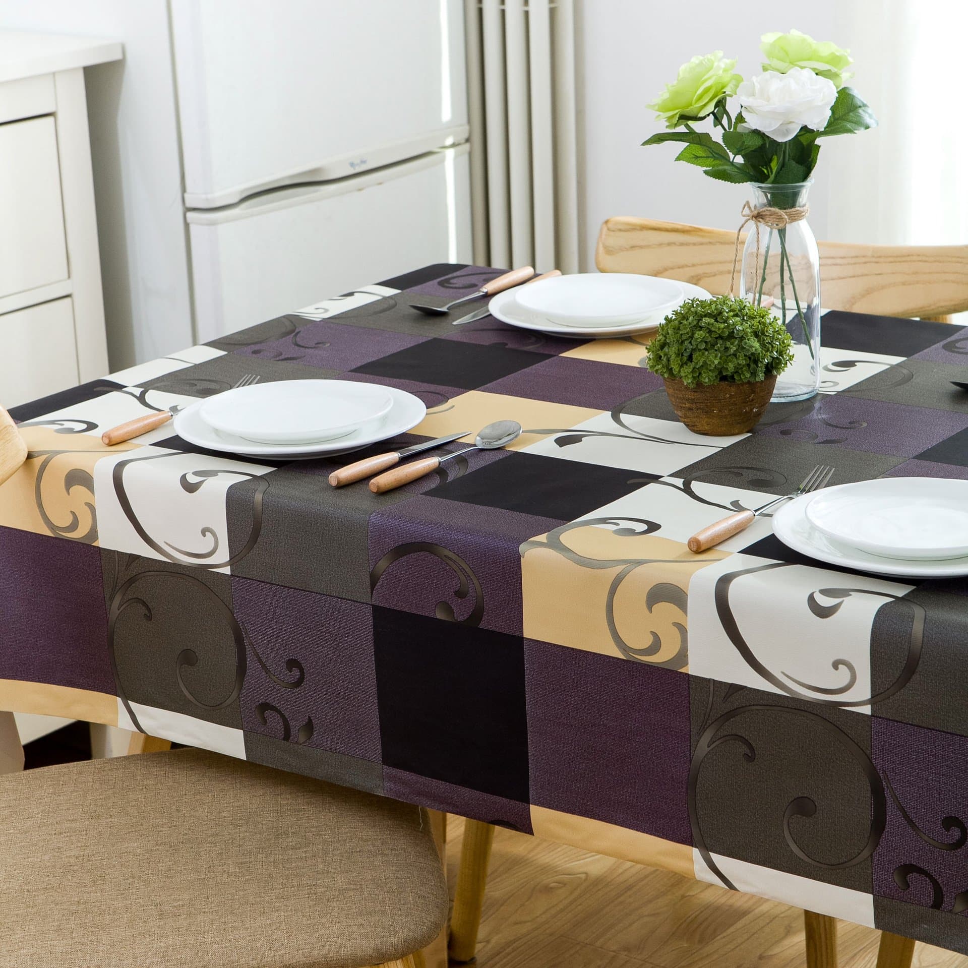 Colourful Flowers Coloured Check Weight Vinyl Rectangular PVC Tablecloth Easy Care Clean Ski and DPR Stain Waterproof Oilpr Waterproof Heatproof, beige, 137*137cm