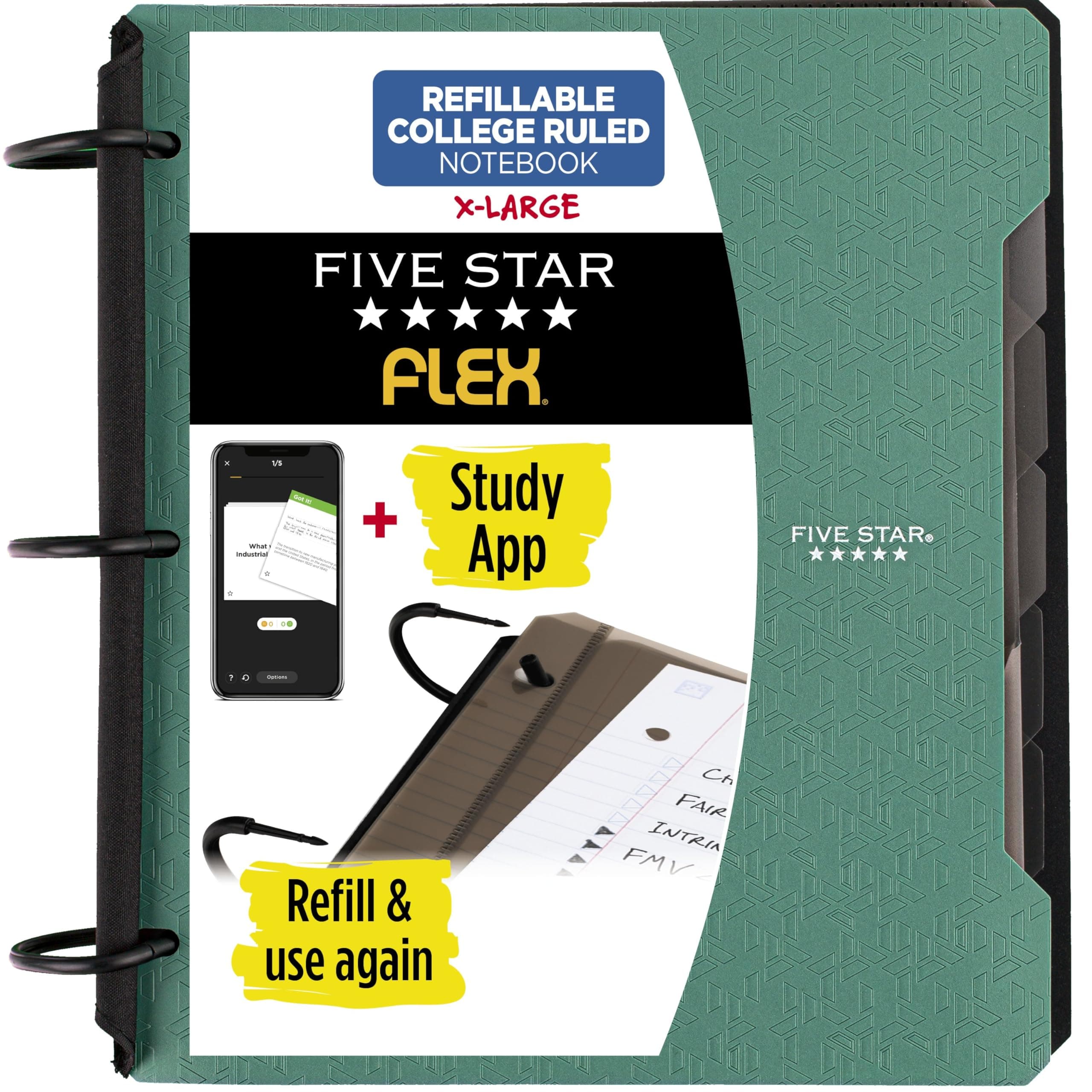Five Star Flex Refillable Notebook + Study App, College Ruled Paper, 1-1/2 Inch TechLock Rings, Pockets, Tabs and Dividers, 300 Sheet Capacity, Seaglass Green (29324AQ8)