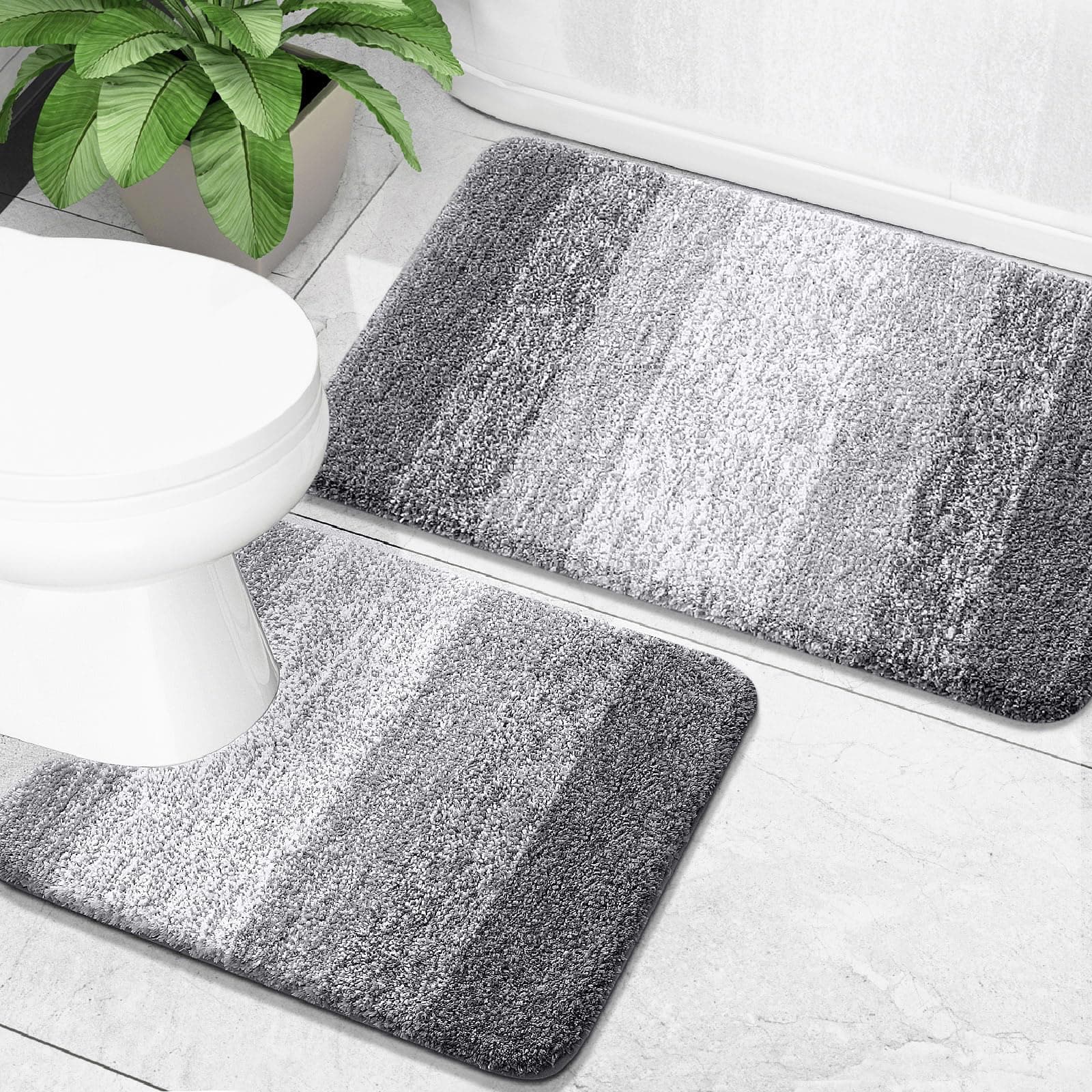 OLANLY Bathroom Rug Set 2 Piece, Soft Absorbent Microfiber Bath Mats and U-Shaped Contour Toilet Rug, Non-Slip, Machine Wash Dry, Plush Shaggy Bath Mats for Bathroom (30"x20"+24"x20", Grey)