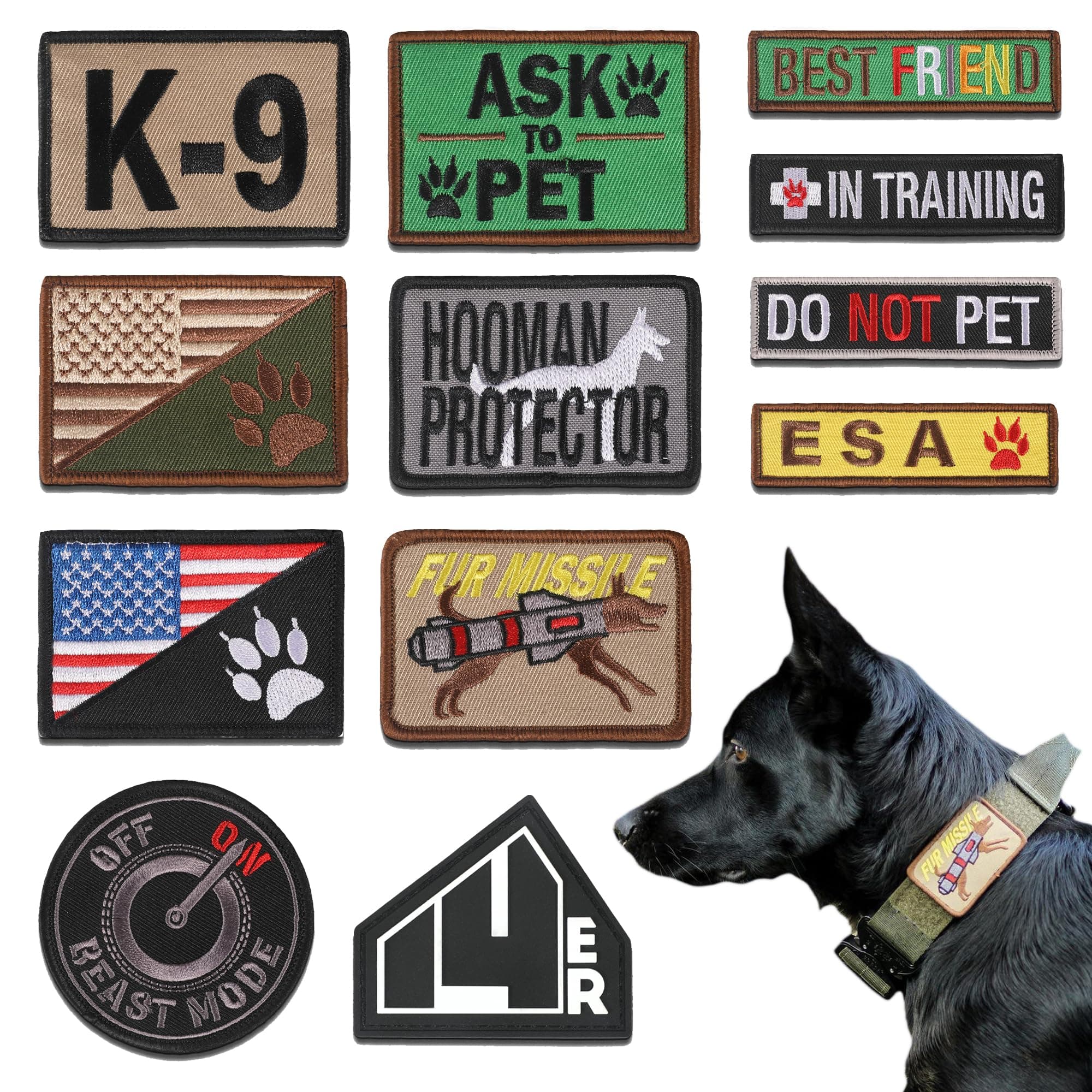 K9 Dog Patches for Harness | ESA, Ask to Pet, Working Service Dog | Vest Patches Dog Harness Patches and Service Dog in Training Patches (12-Pack)