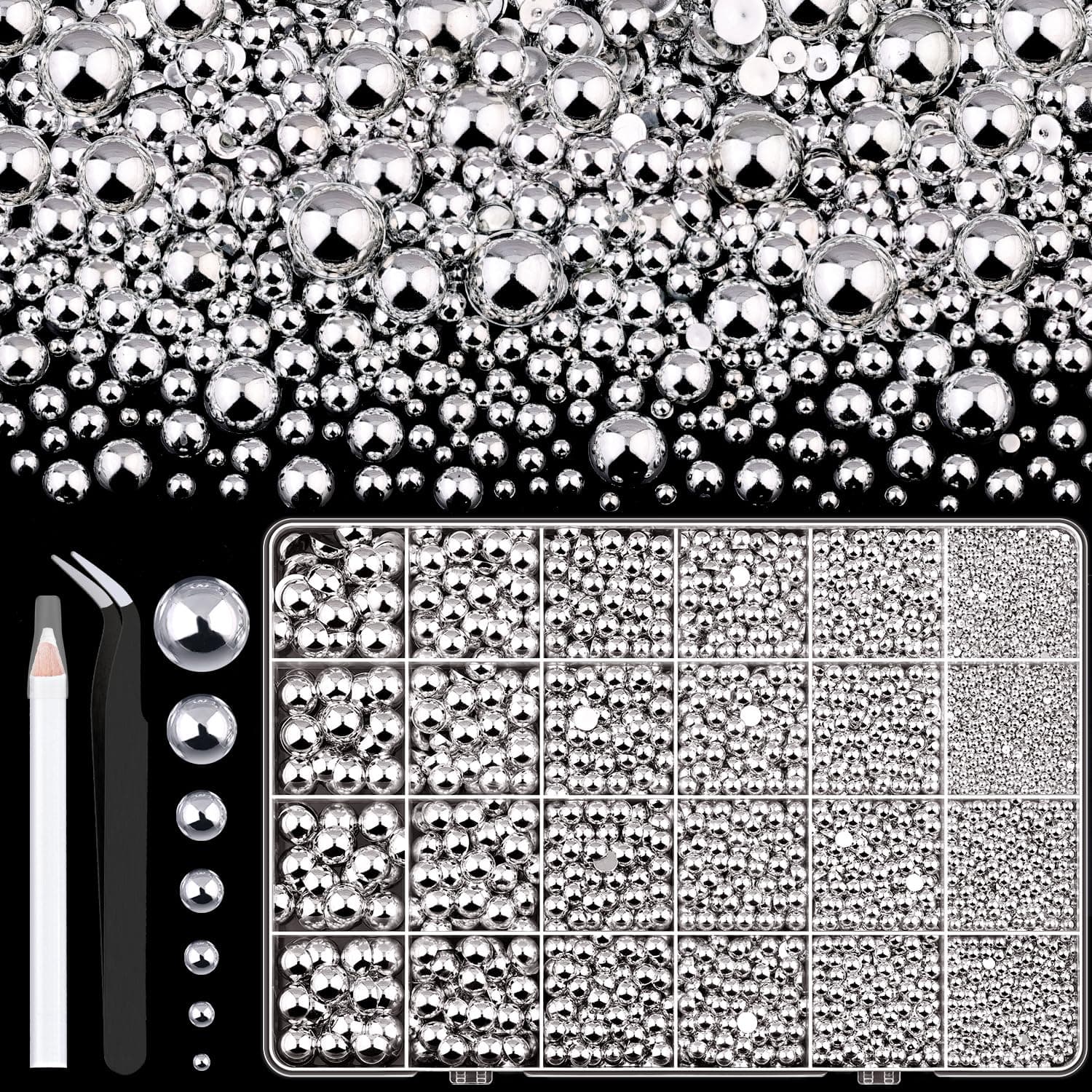 11000Pcs Flatback Pearls for Crafting (Silver), Assorted Size 2/3/4/5/6/8/10mm Non Hotfix Half Pearl, Bedazzling Bead for DIY Crafts Clothing Tumblers Mugs Shoes Fabric Embellishment Nail Art Makeup