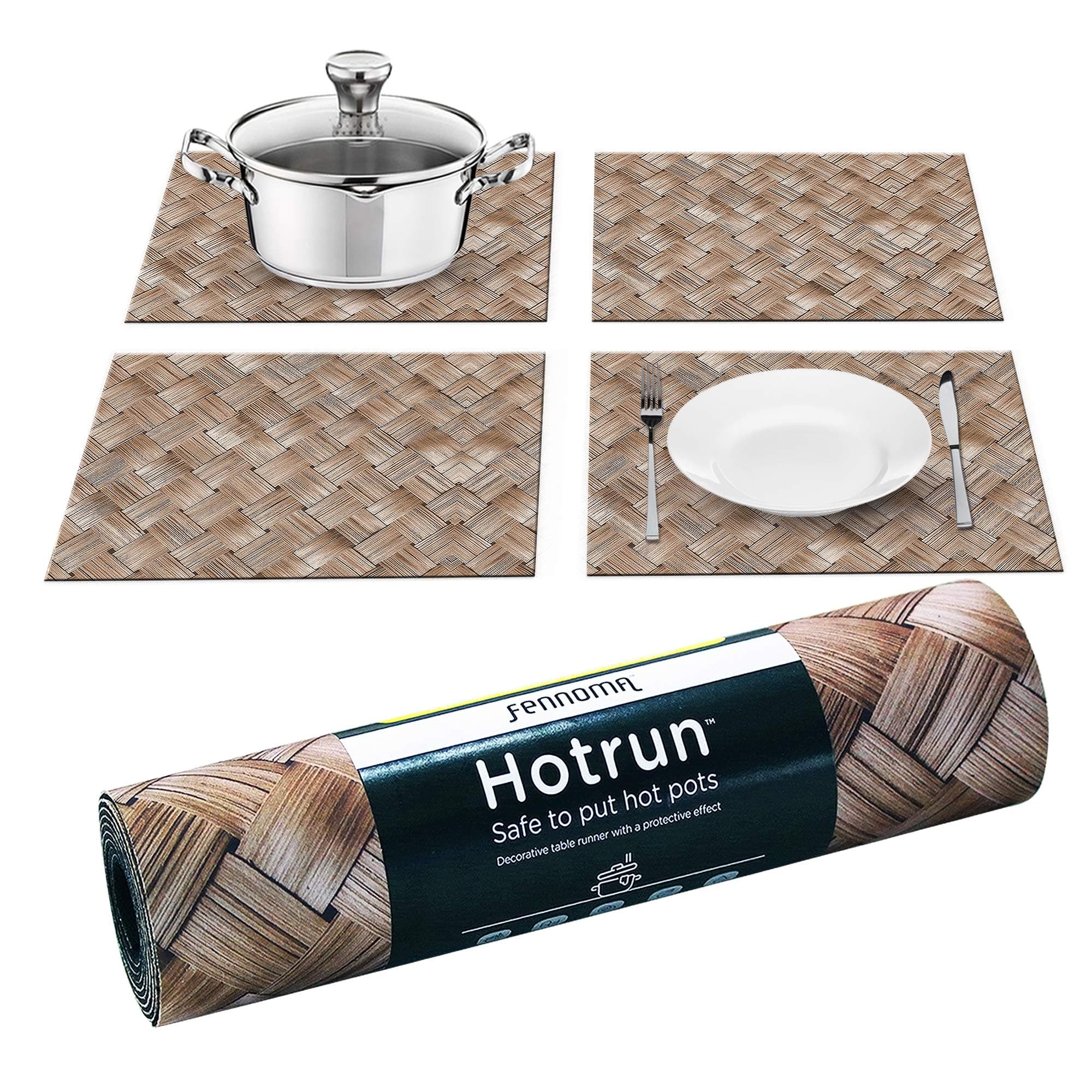 HOTRUN Modular Table Runner placemat Set– Extendable Table Cover Holds pots and Tableware – Protects Surfaces– Anti-Slip Material Handles up to 356 Degrees F – Multi-use Party Set (Bamboo)
