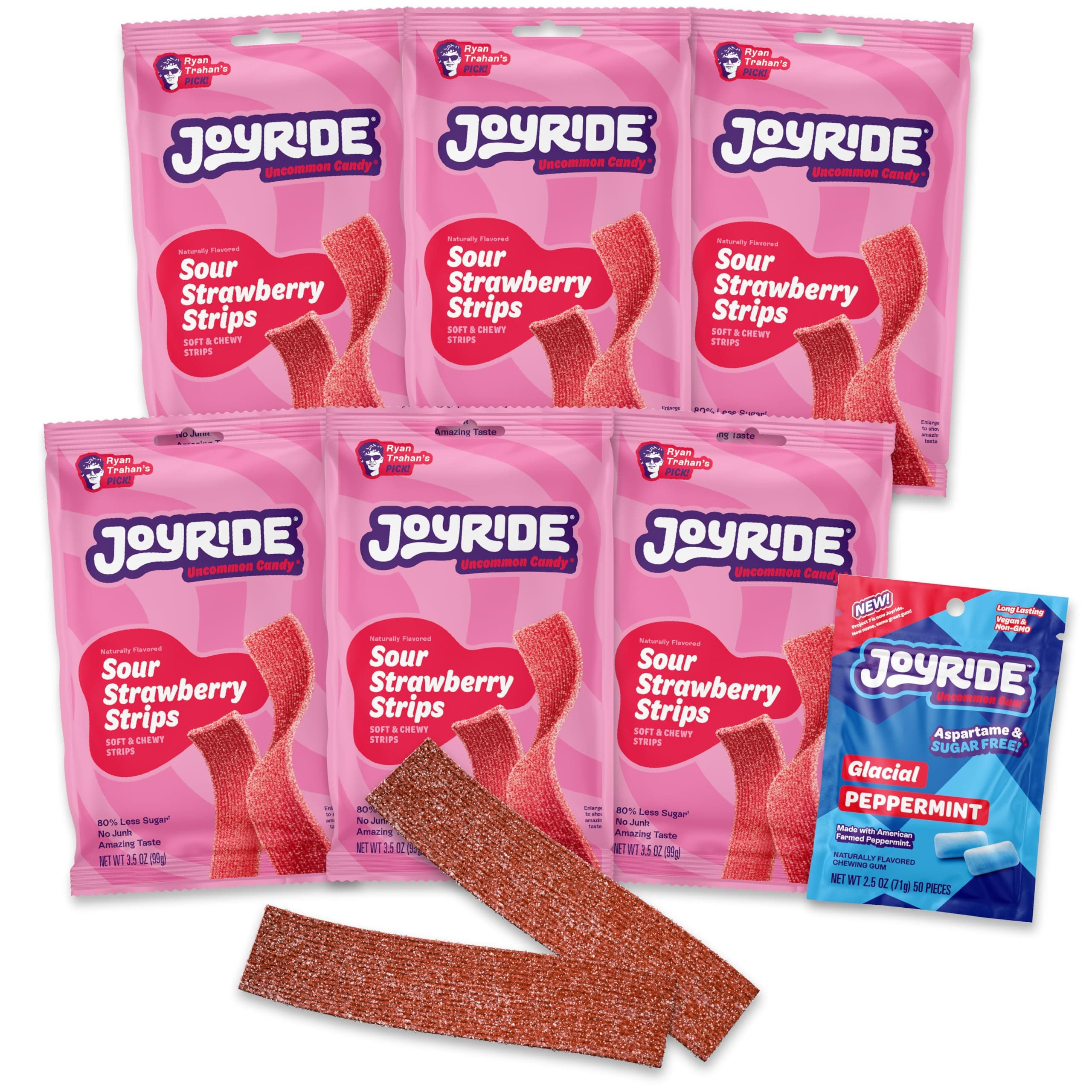 Strawberry Sour Strips - 3.5 oz 6-Pack Bundle with 2.5oz Glacial Peppermint Gum, Low Sugar, Sour Belt Candy, Dye Free, Low Calorie Snacks, Healthy Candy (7 Items)