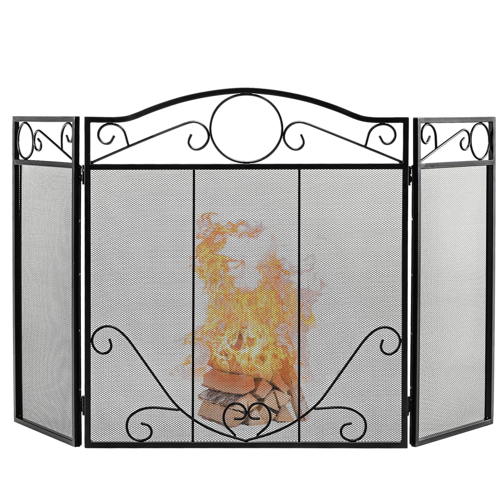 3 PCS Folding Iron Fire Panel, Spark Flame Barrier with Leaves Decoration, Wide Metal Mesh Safety Fire Place Guard for Wood and Coal Firing, Stoves, Grills (Scrollwork Pattern, 127x73cm)
