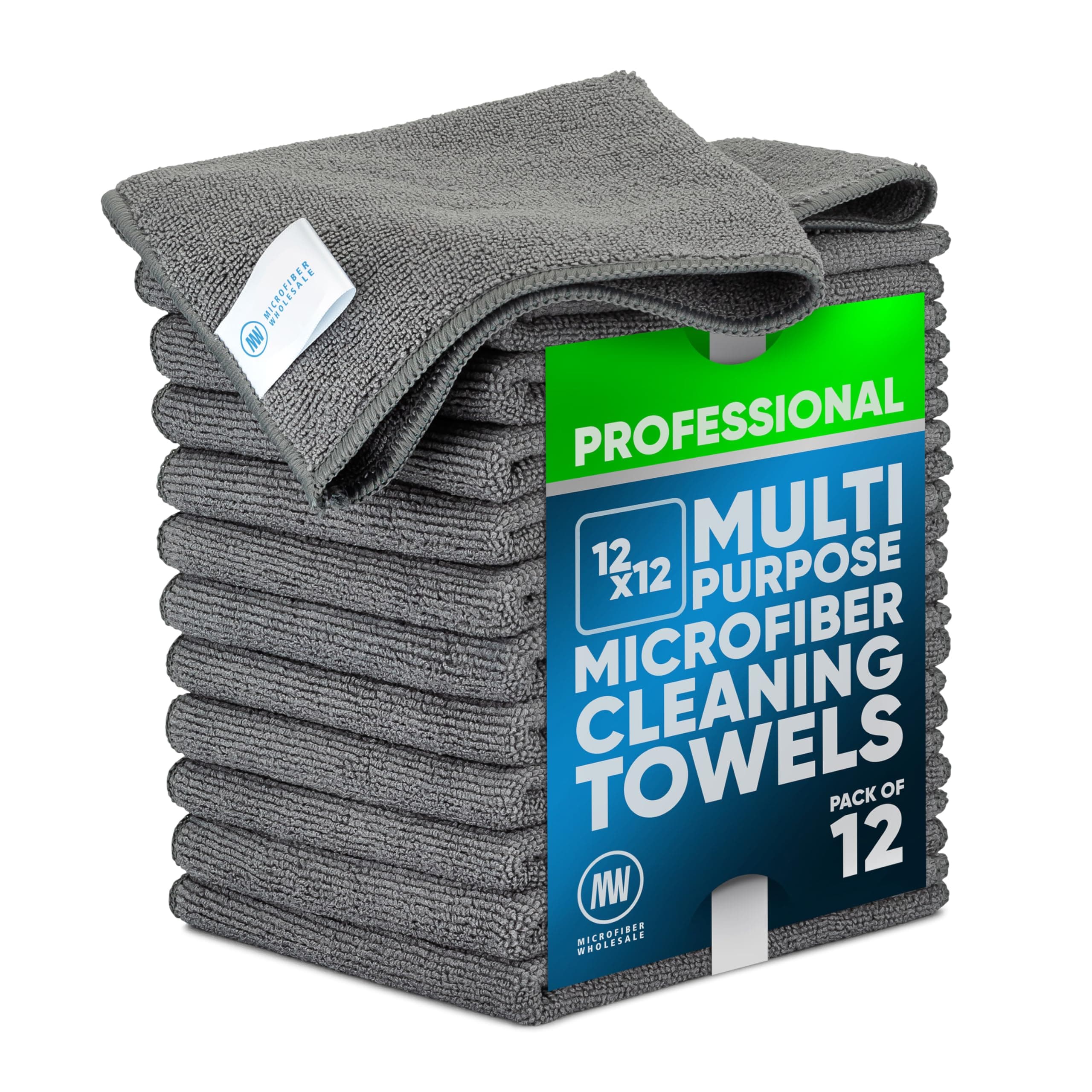 Microfiber Wholesale 12" x 12" Buff Pro Multi-Surface Microfiber Cleaning Cloths | Gray - 12 Pack | Premium Microfiber Towels for Cleaning Glass, Kitchens, Bathrooms, Automotive