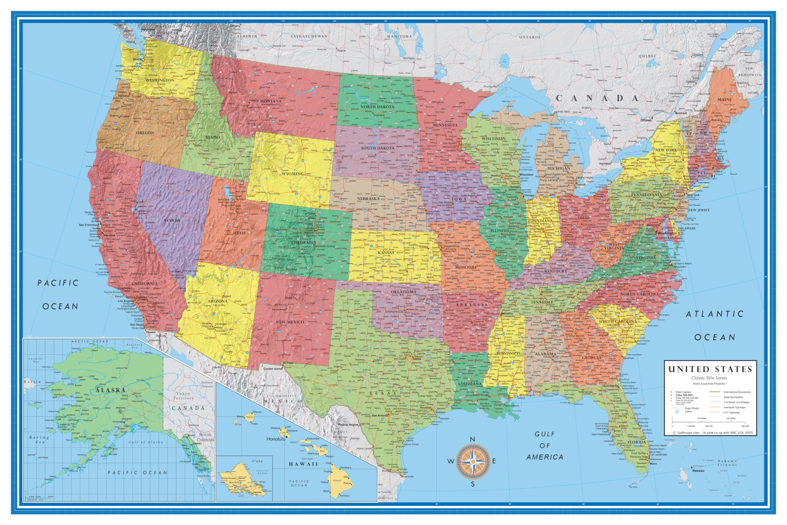 24x36 United States Classic Premier Blue Oceans 3D Wall Map Poster, Laminated Edition